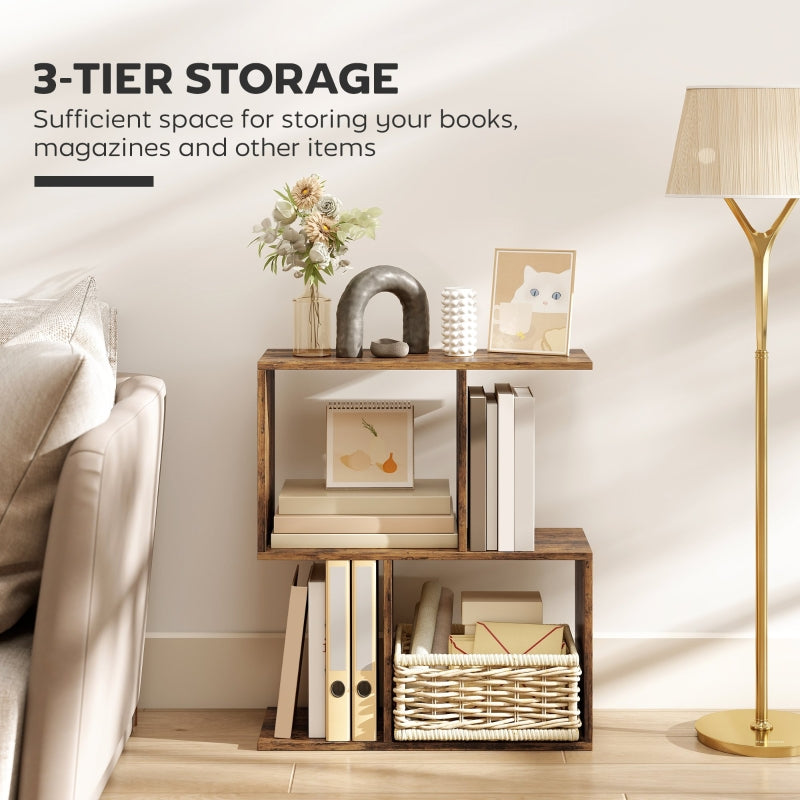 Side Table Narrow End Table Storage Shelves S-Shaped 3-Tier Rustic Brown