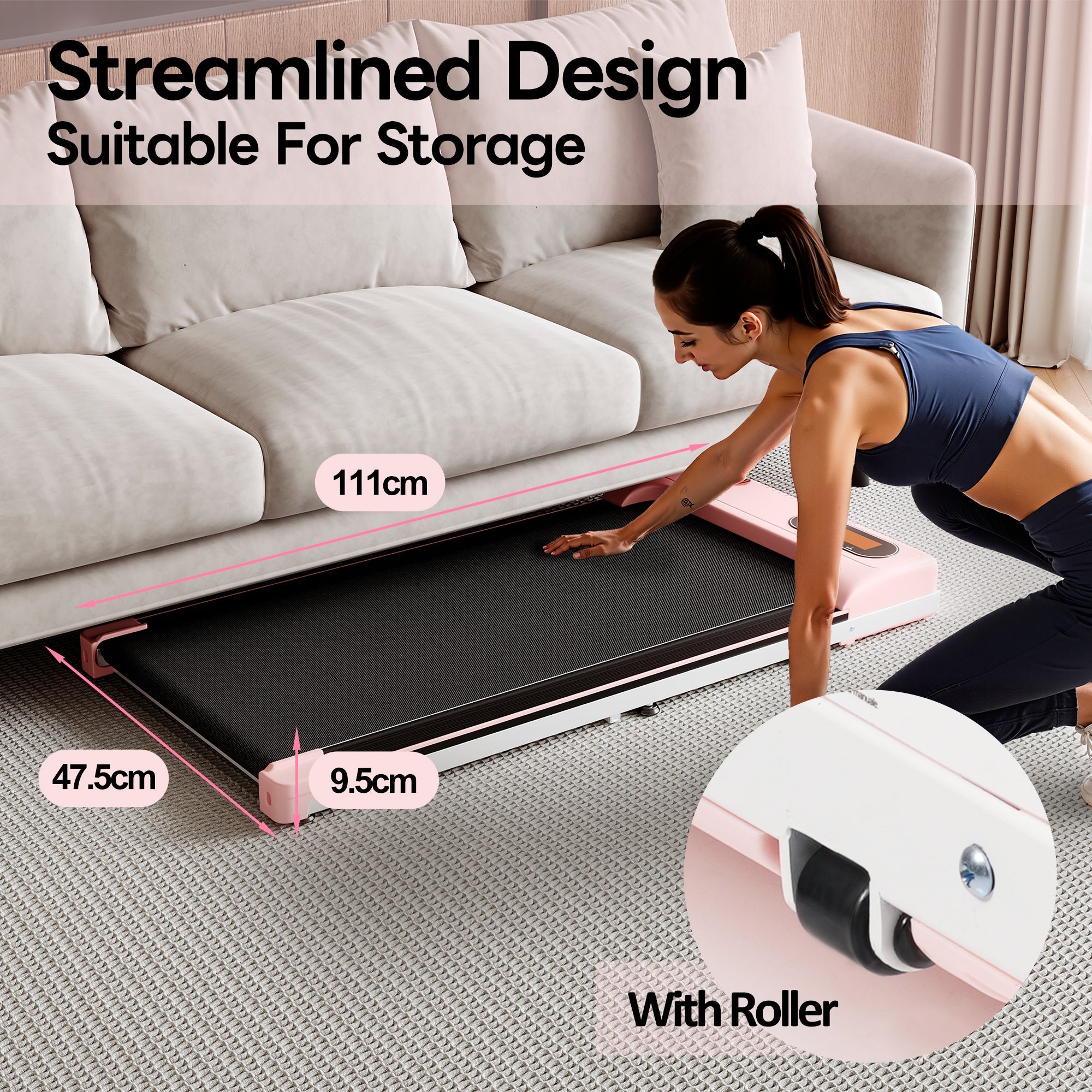 Folding Under Desk Walking Pad Treadmill with Adjustable Incline, 1-6 km/h Low Noise for Home & Office, LED Display, Magnetic Remote Control, Transport Wheels & Plug, Pink.