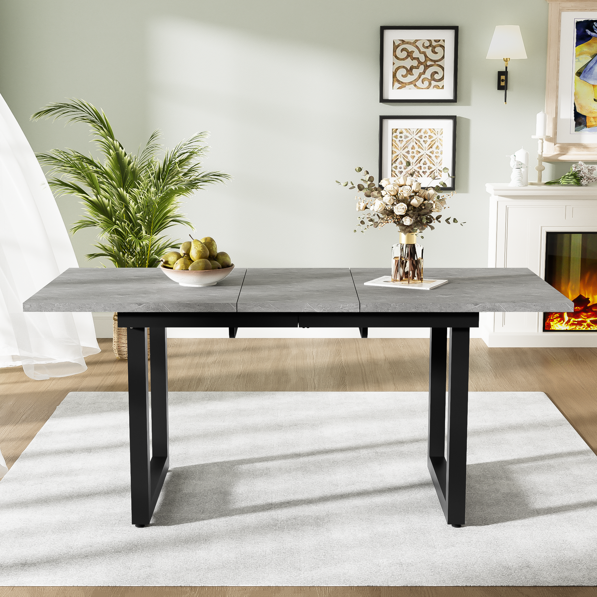 Extendable Dining Table 140/180cm Rectangular Industrial Style - Concrete Look/Black