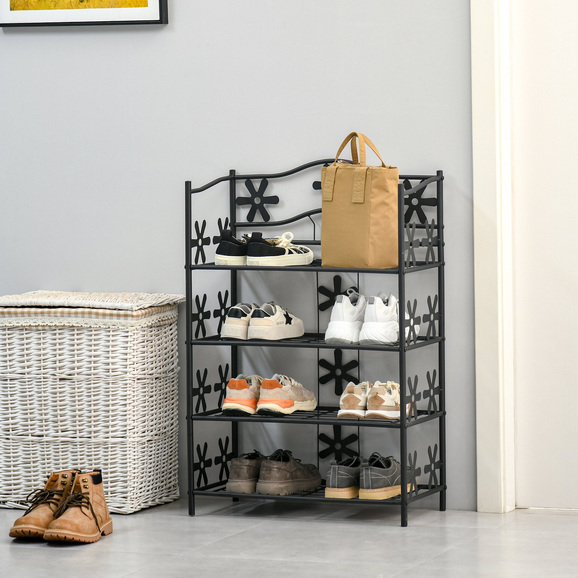 Small Shoe Rack/Plant Stand 4 Tiers Space-Saving Metal Black