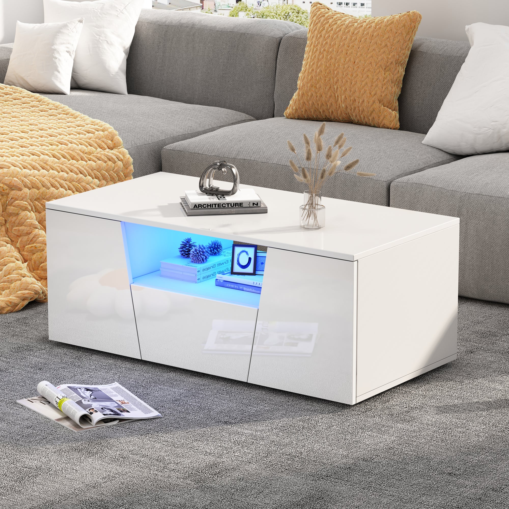 Coffee Table, Sofa Table with LED Light, 2 Cabinets, 1 Drawer, Irregular Design, White