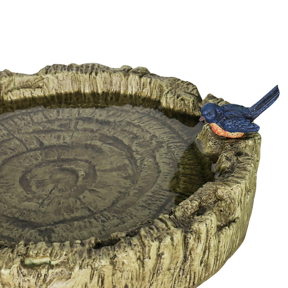 Birdbath concrete wood look with decorative artificial bird