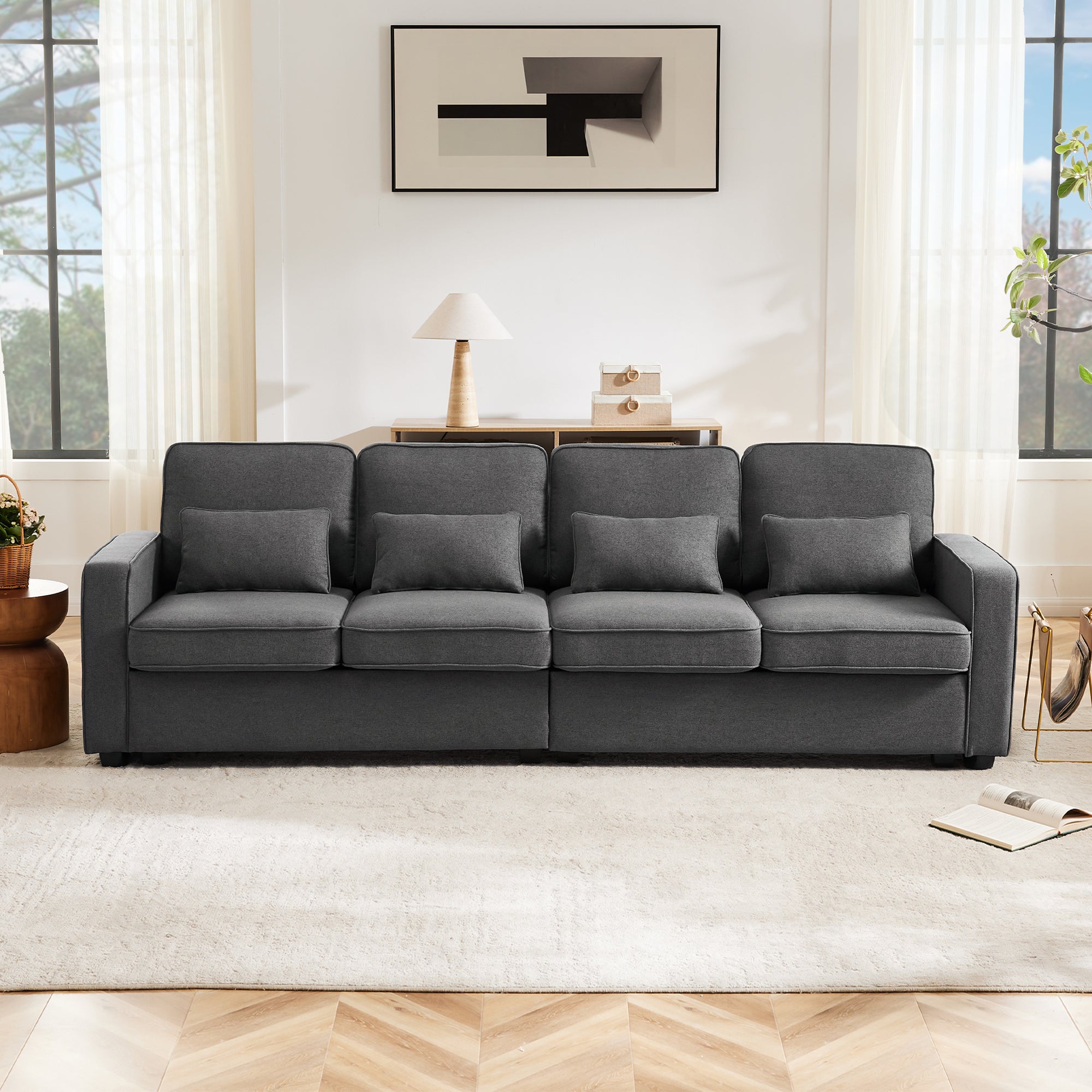 Modern 4-Seater Sofa, Simple Style with Armrest Pockets and 4 Cushions, Linen Fabric