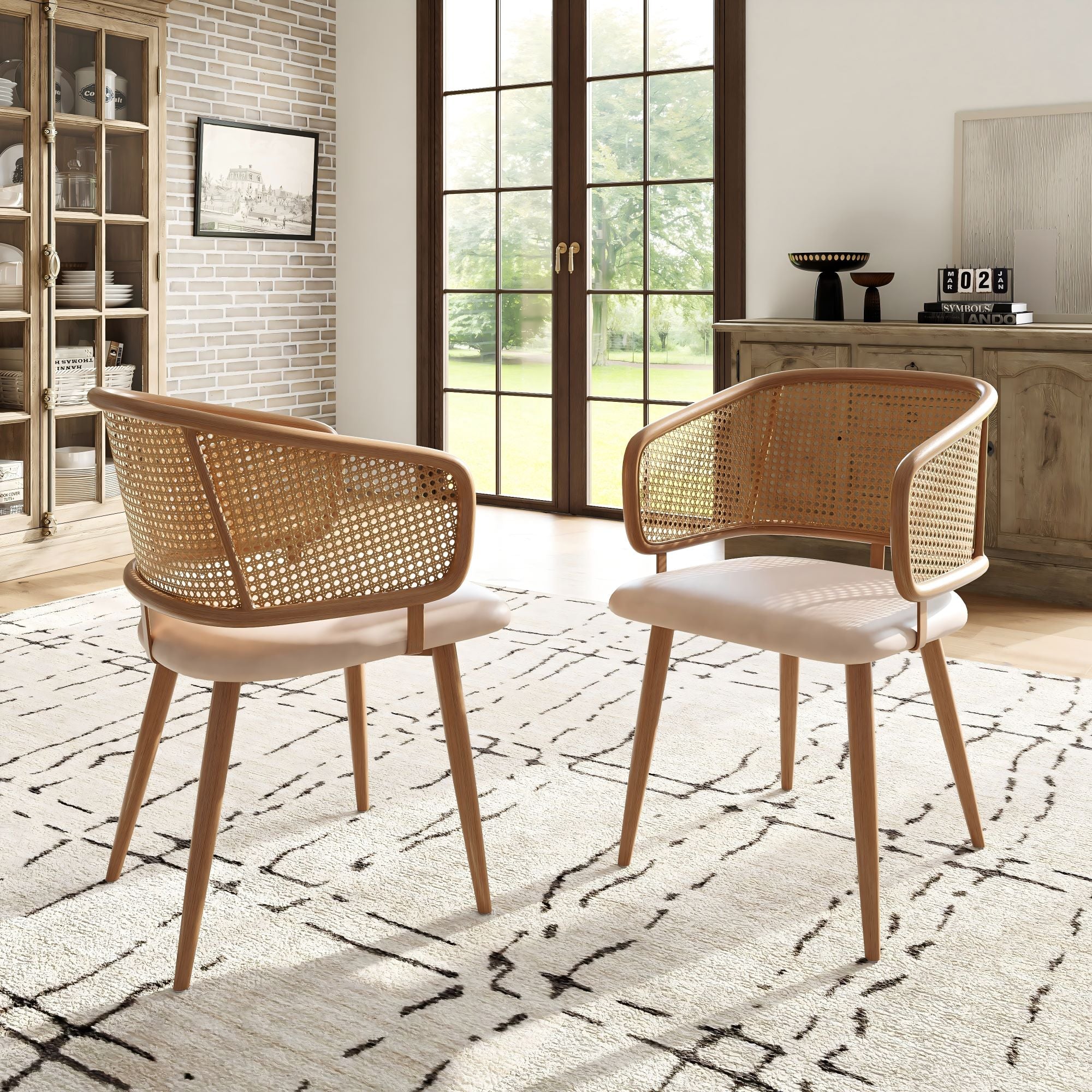 Dining Chairs, Rattan Backrest, PU Leather Seat, 2 Pack