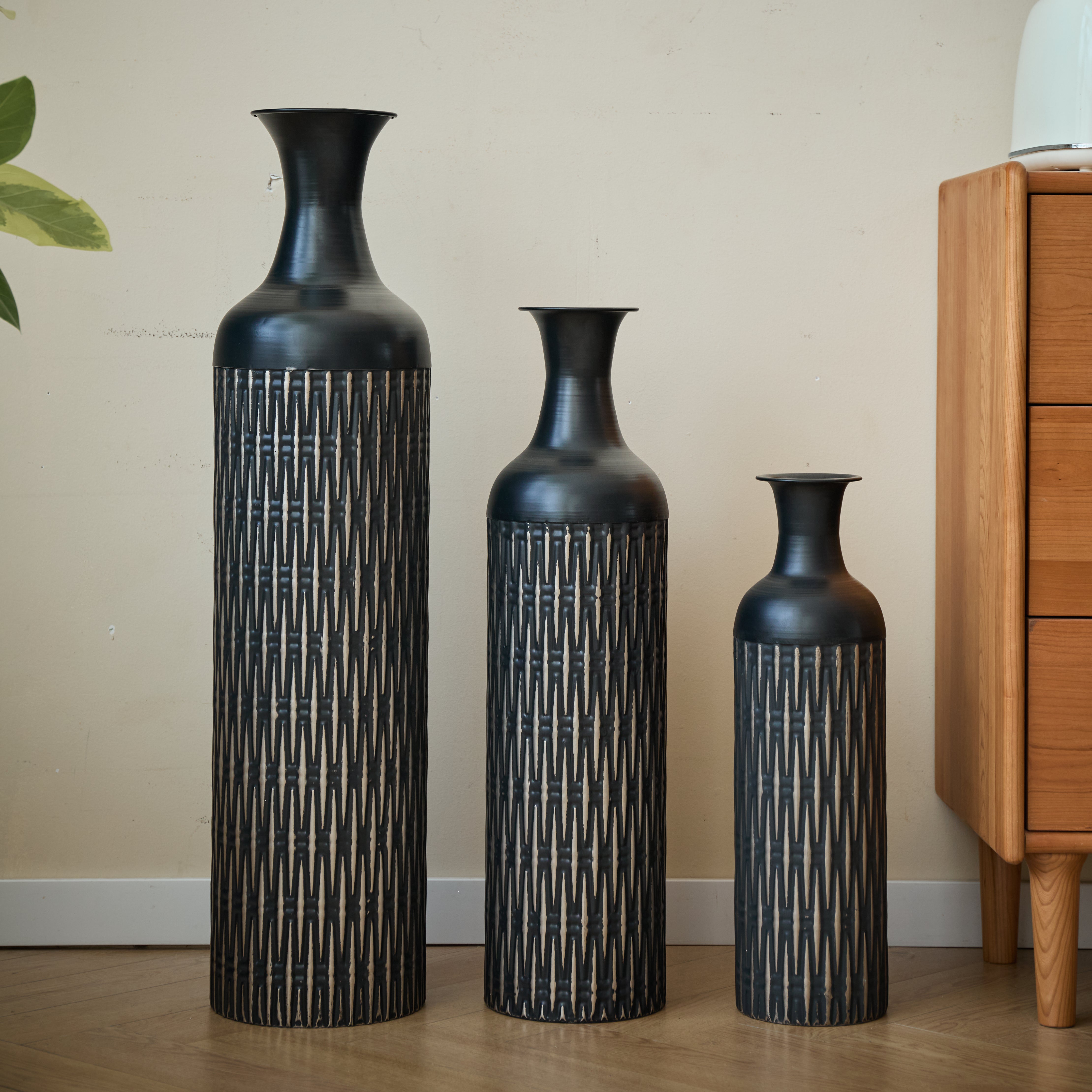 Black Floor Vase Set, 83/65/50cm High 3-Piece Retro Decorative, Metal