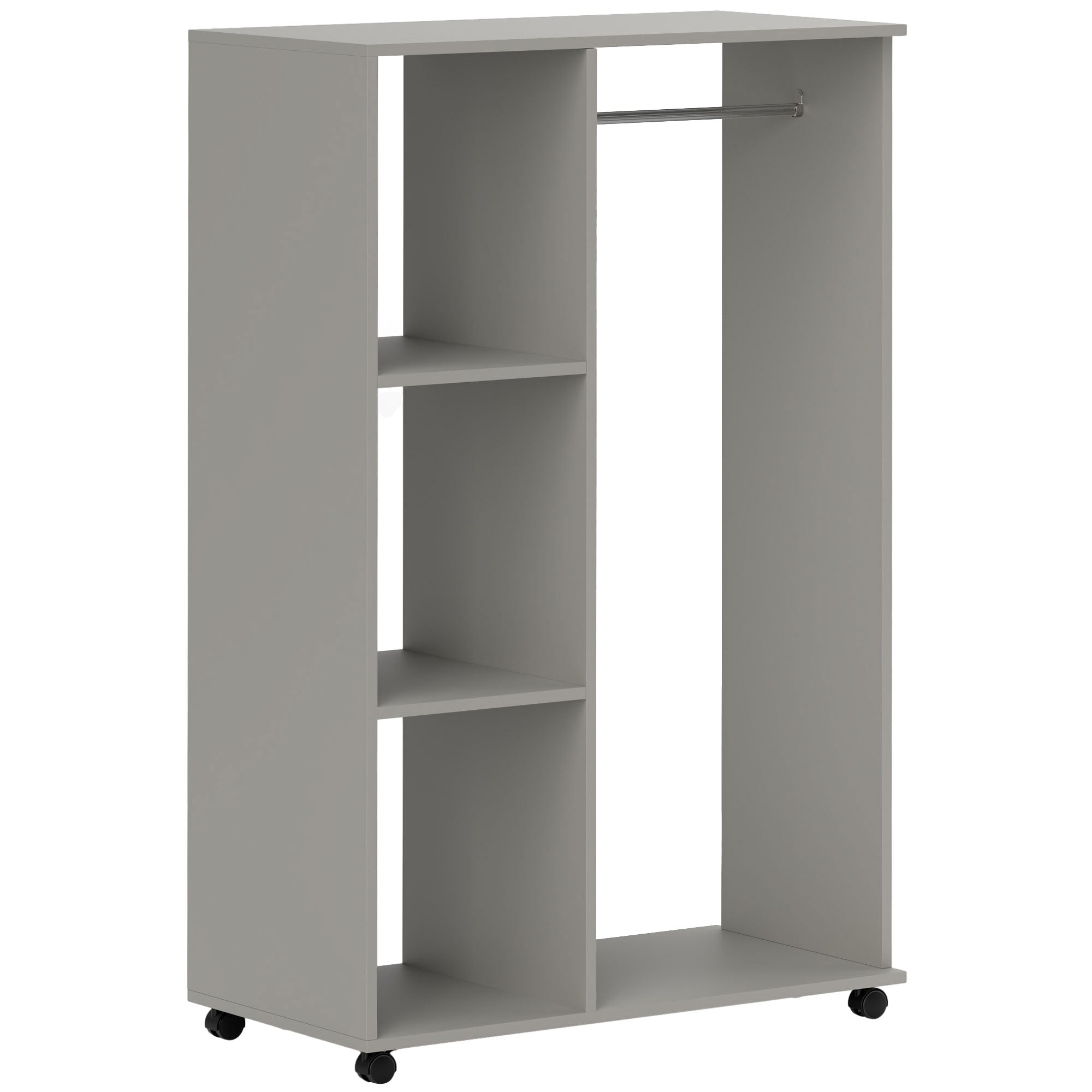 Open Wardrobe on Wheels, Clothes Hanging Rail, 3 Storage Shelves - Grey
