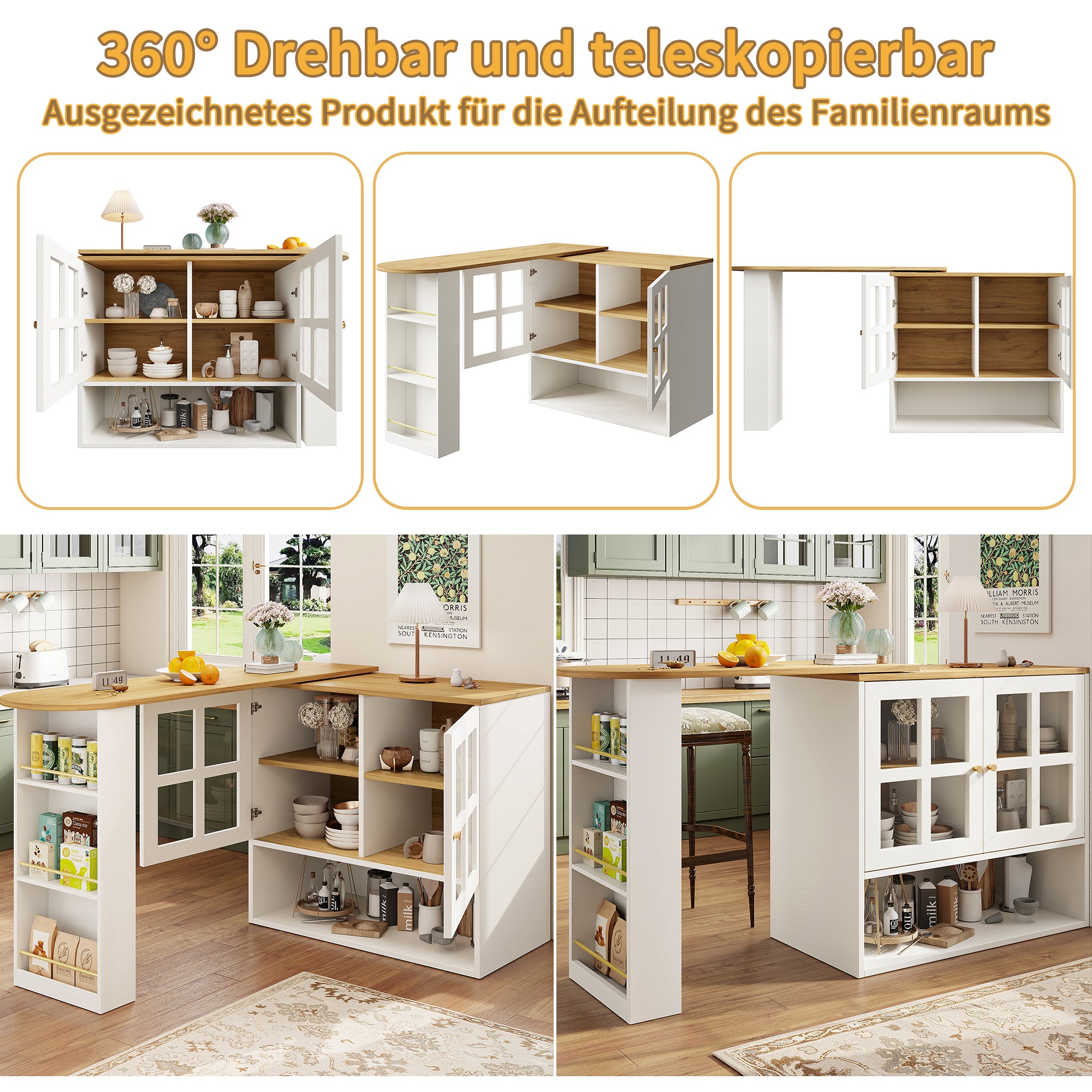 360° Rotating Sideboard - Multifunctional Dining Bar, 5 Shelves & Glass - White