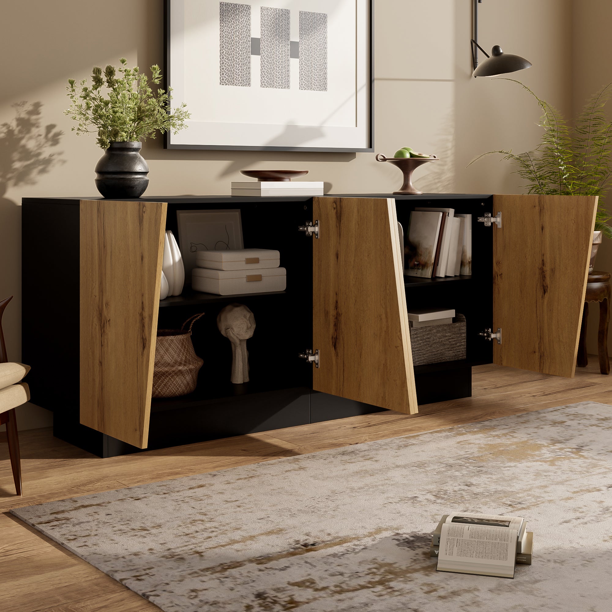 Sideboard 160cm, Ample Storage Geometric Design, Adjustable Shelf, Modern Finish