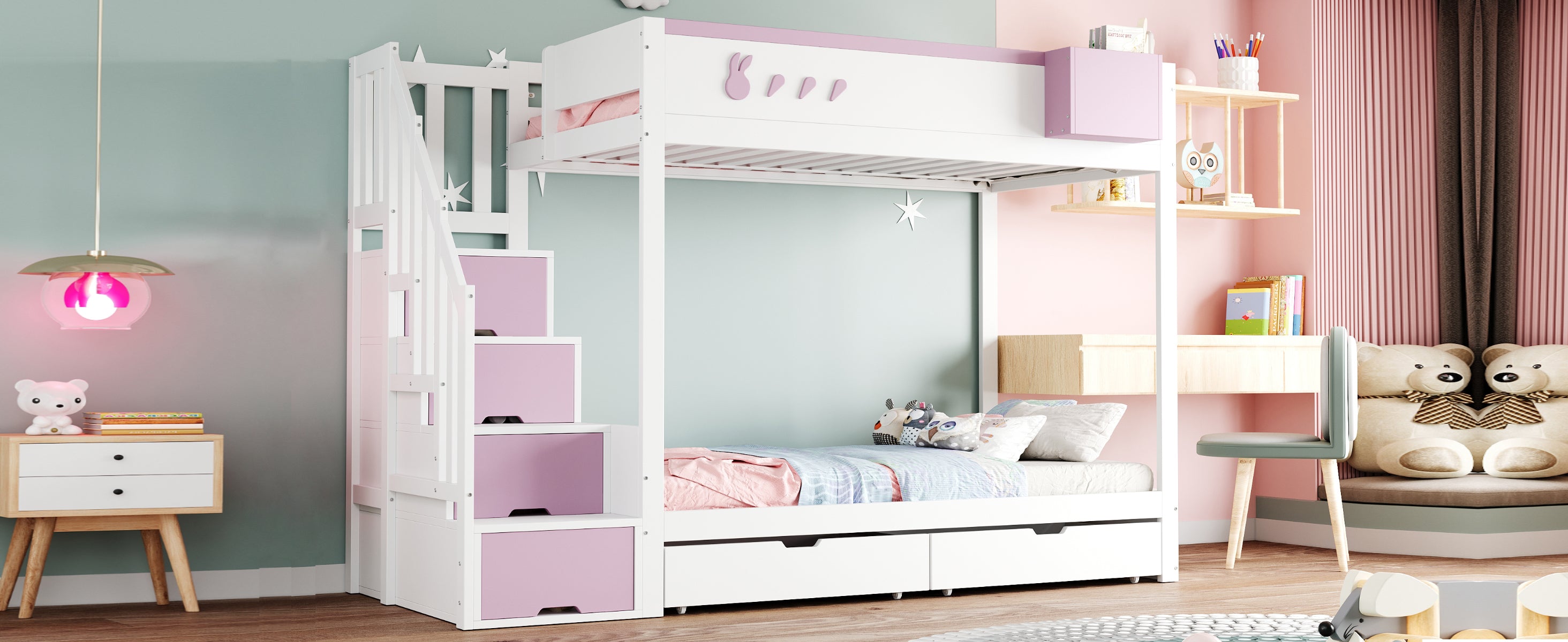 Children's Bunk Bed 90x200cm Rabbit & Carrot Motif Storage Ladder Drawers, White & Pink