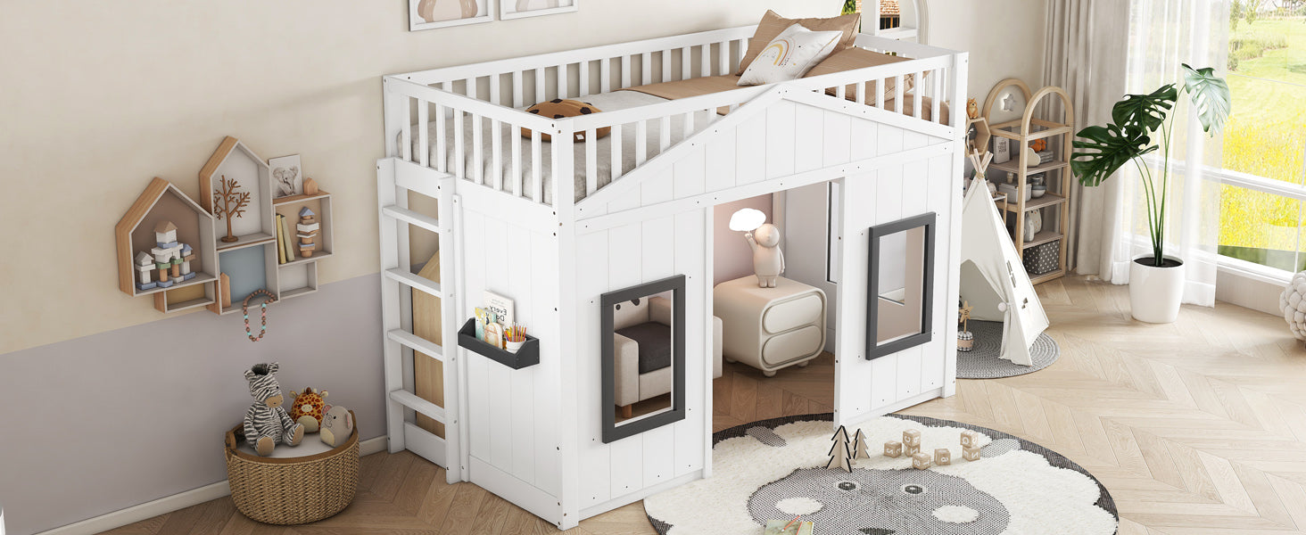 House Bunk Bed 90x200cm, Stairs Railing Window Storage, Pine+MDF White