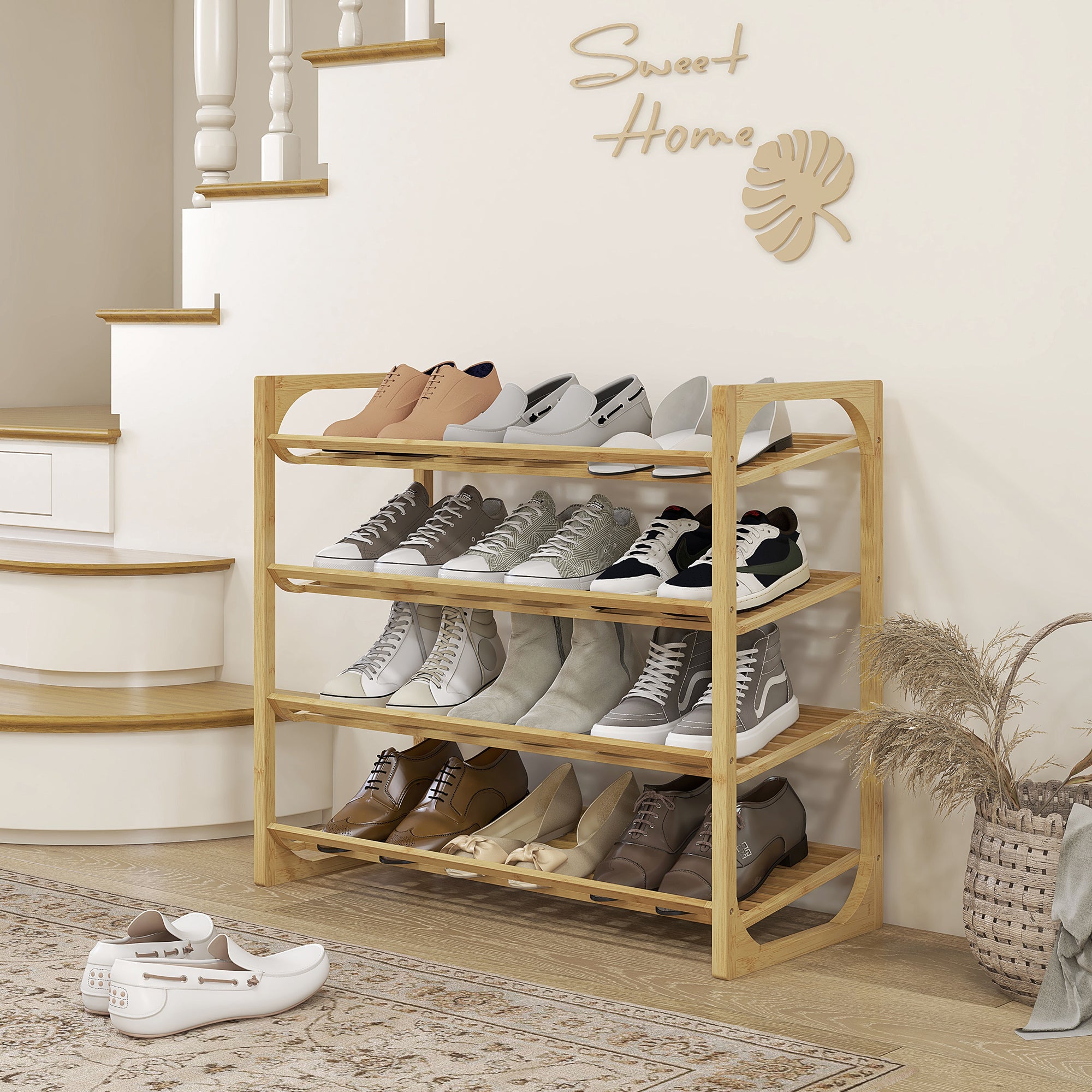 Shoe Rack, 4 Tiers, 12 Pairs, Bamboo Natural