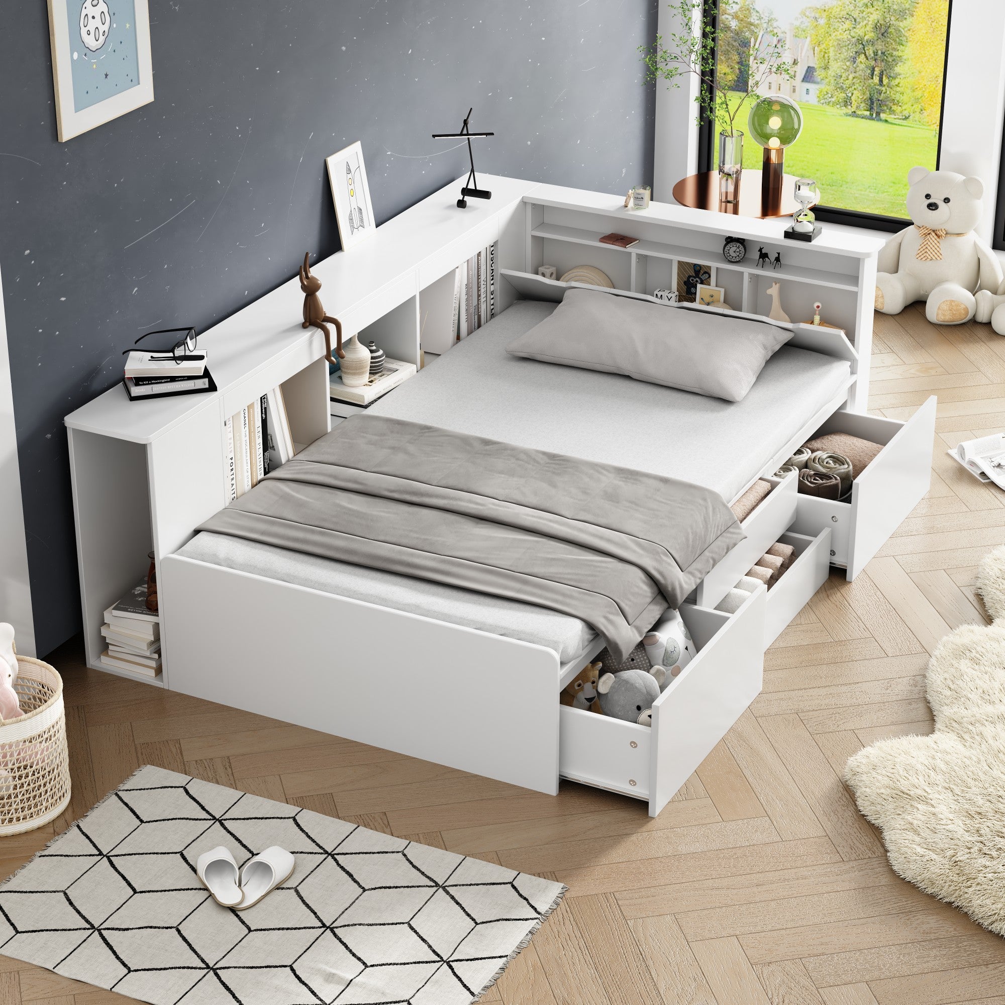 Children's Bed, Single 3ft Multifunctional with Drawers, Bookcase, and Storage - White