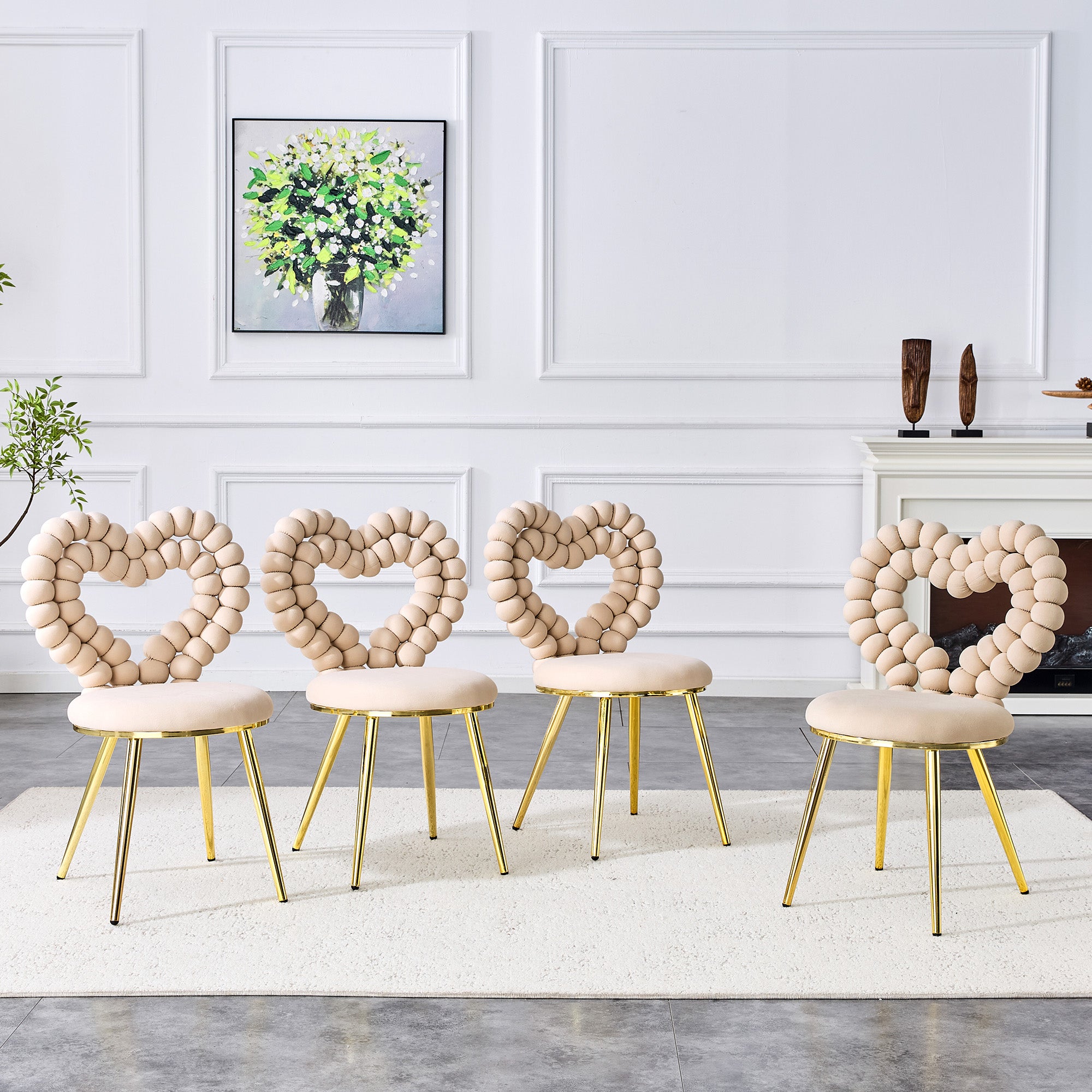 Dining Chairs (Set of 2), Heart-Shaped Cutout Backrest, Gold-Plated Legs, Light Beige Velvet