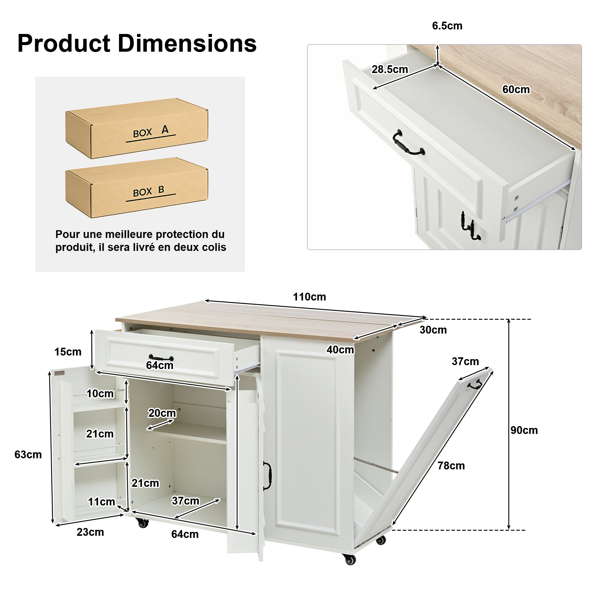 Kitchen Island with Power Outlet, Storage & Work Surface - White