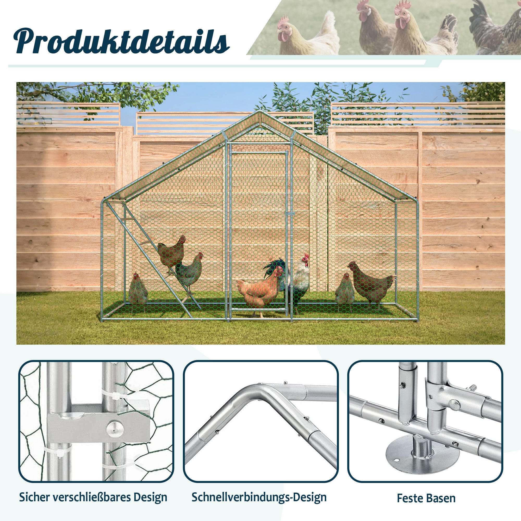 Robust Chicken Coop with Run & Ladder - Secure, Weatherproof, Easy-Clean Habitat - Silver Galvanized Steel