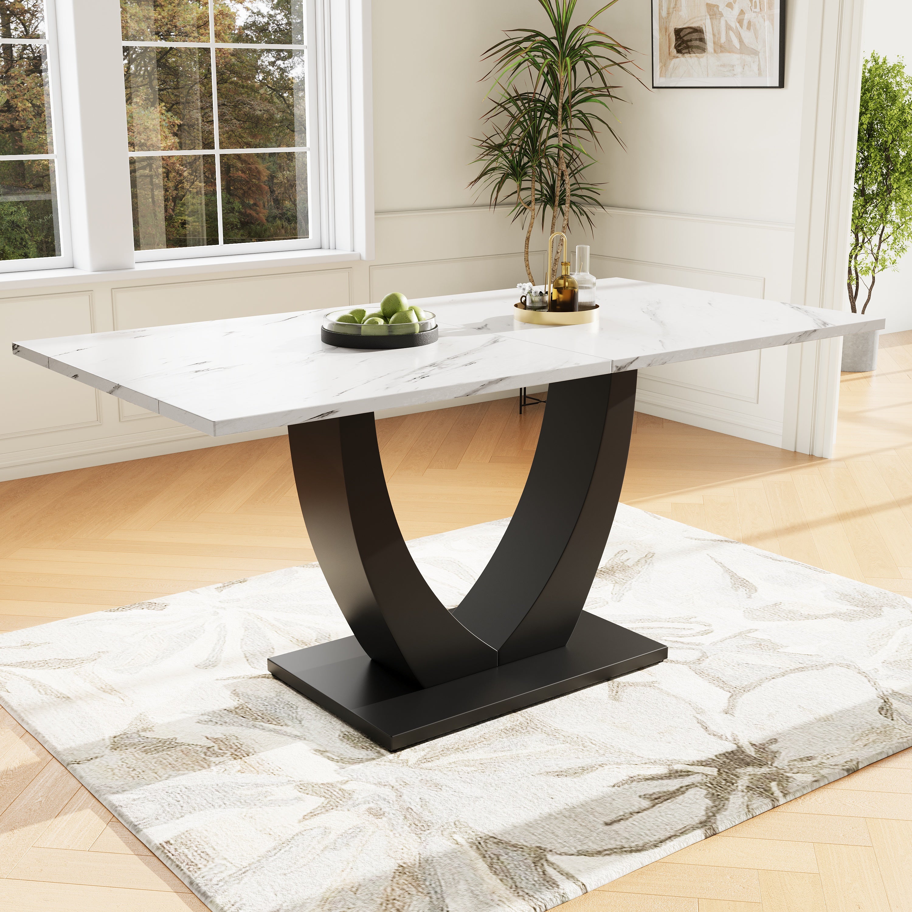 Dining Table 140x75.5cm Rectangular Marble Pattern Metal Frame Adjustable Legs - White/Black