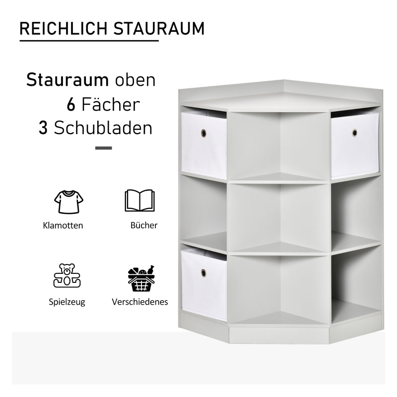 Children's corner shelf with 3 storage boxes, toy storage, gray
