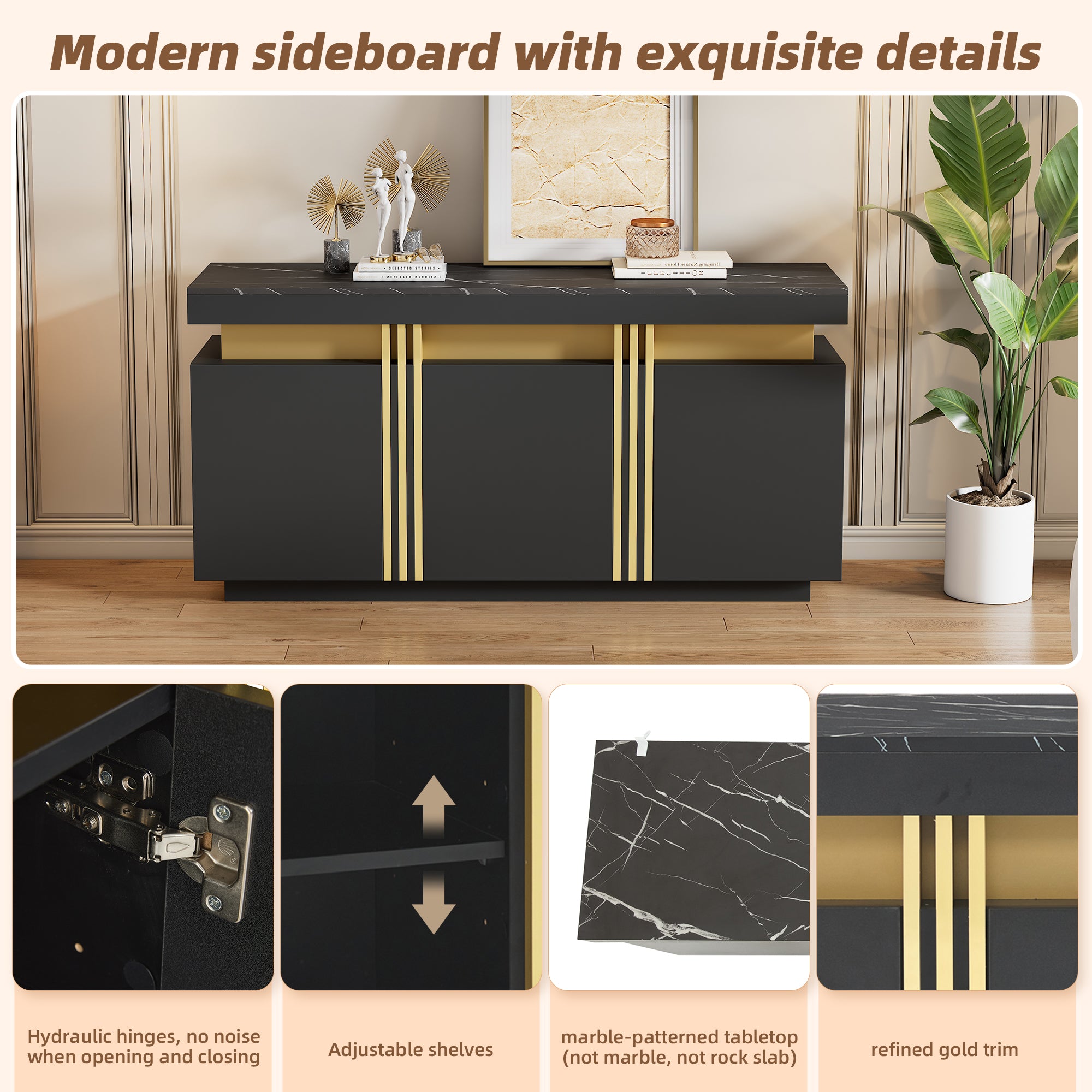 Sideboard, Display Cabinet with 3 Doors, Adjustable Dividers, Black and Gold