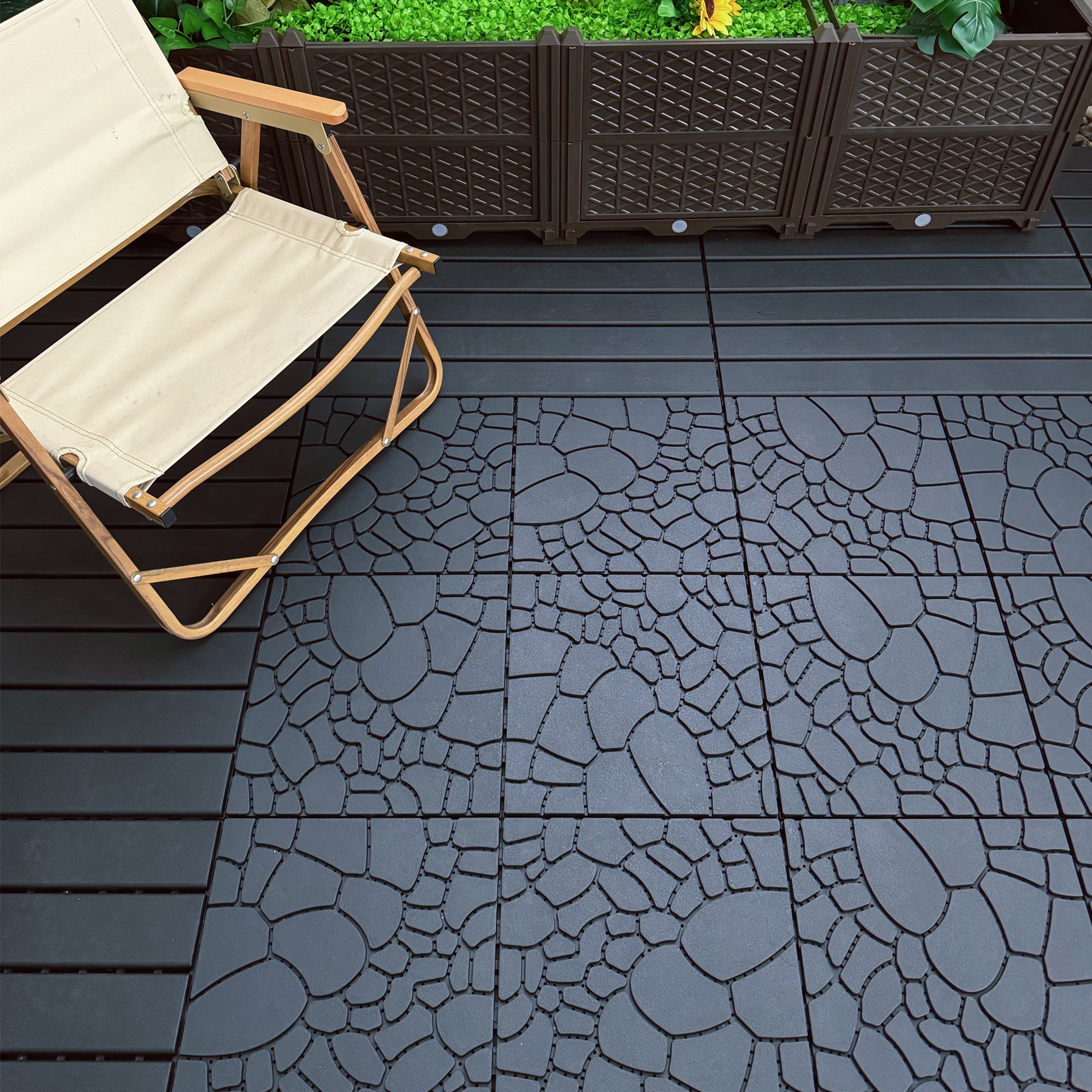 Patio Deck Tiles 12" Stone Texture Interlocking 44pcs - DARK GRAY