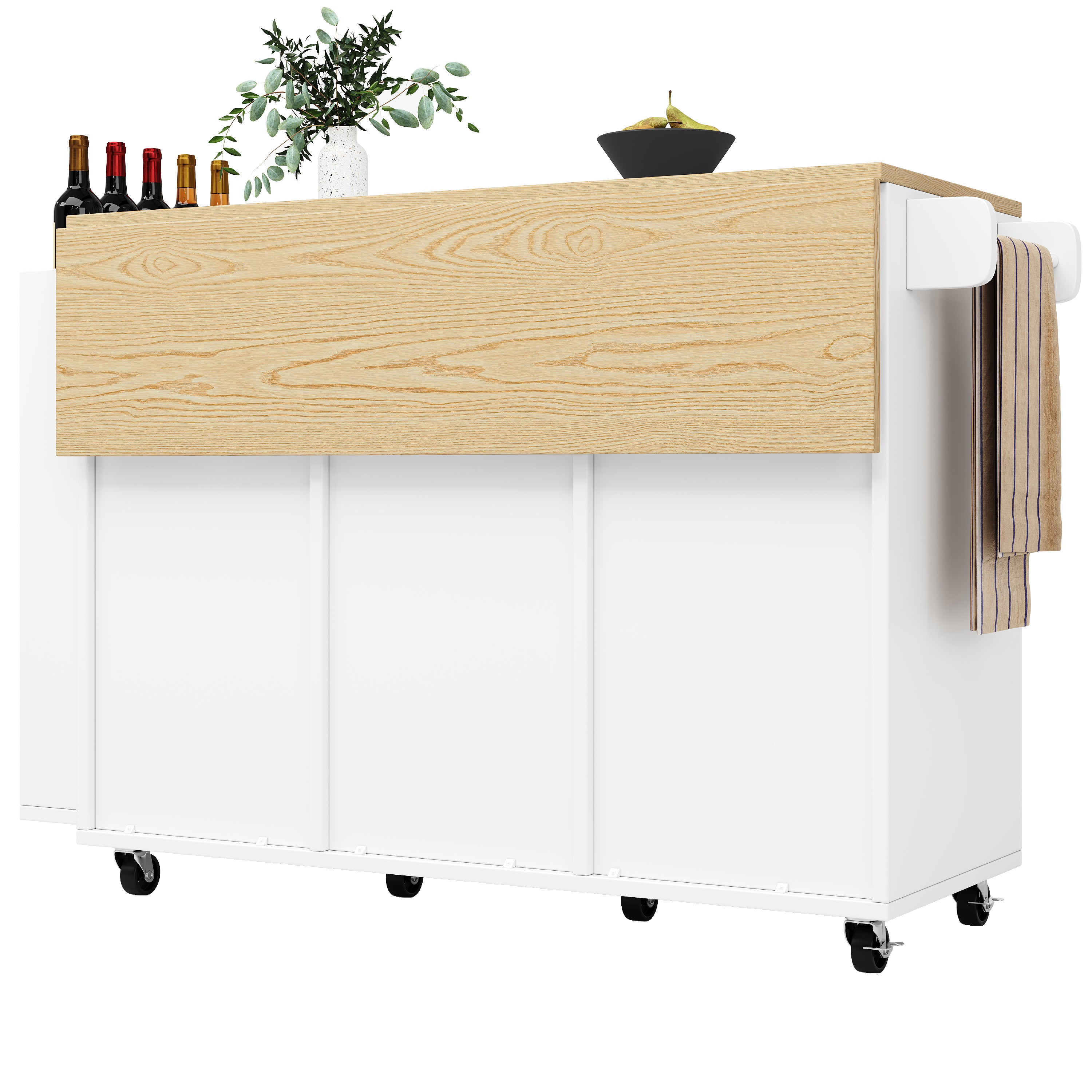 Kitchen Island Serving Cart with Wheels, Worktop, Sliding Doors & Drawers - White