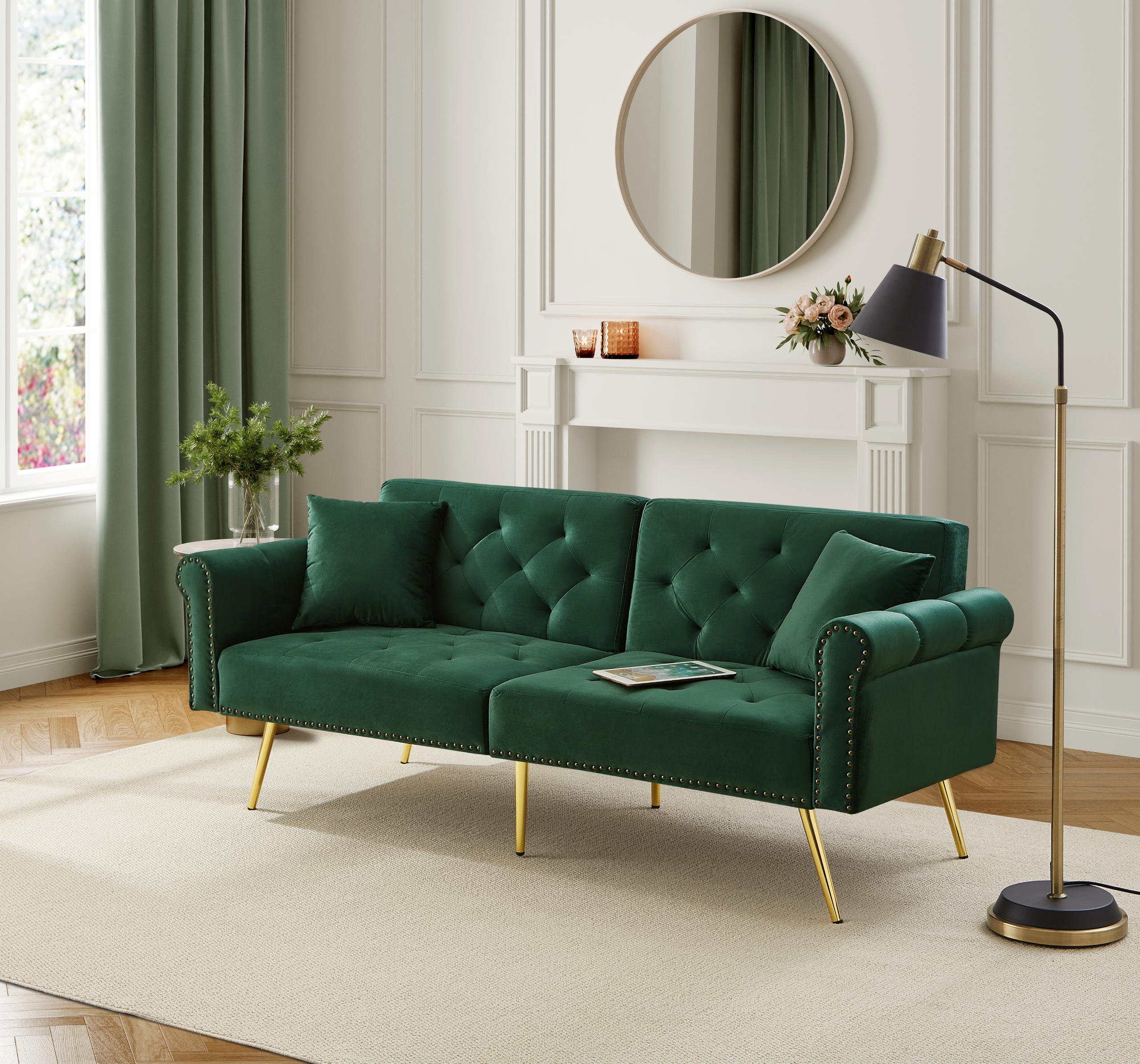 Modern 2-Seater Sofa Bed with 3-Stage Adjustable Backrest, Velvet Upholstery Green