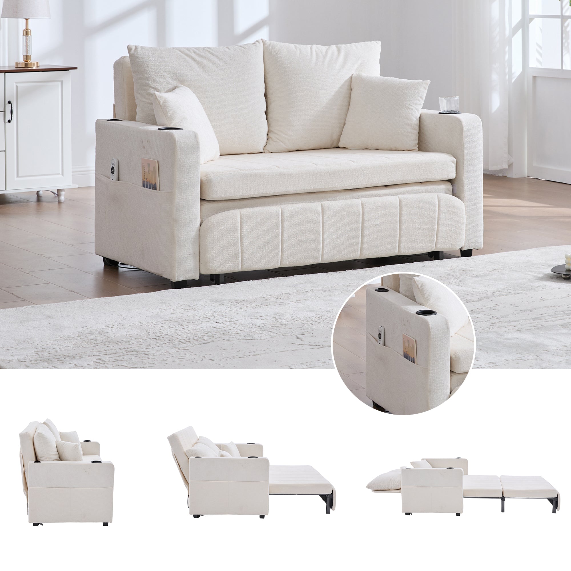 Sofa, Multifunctional Folding Pull-Out with USB & Cup Holder, Fabric