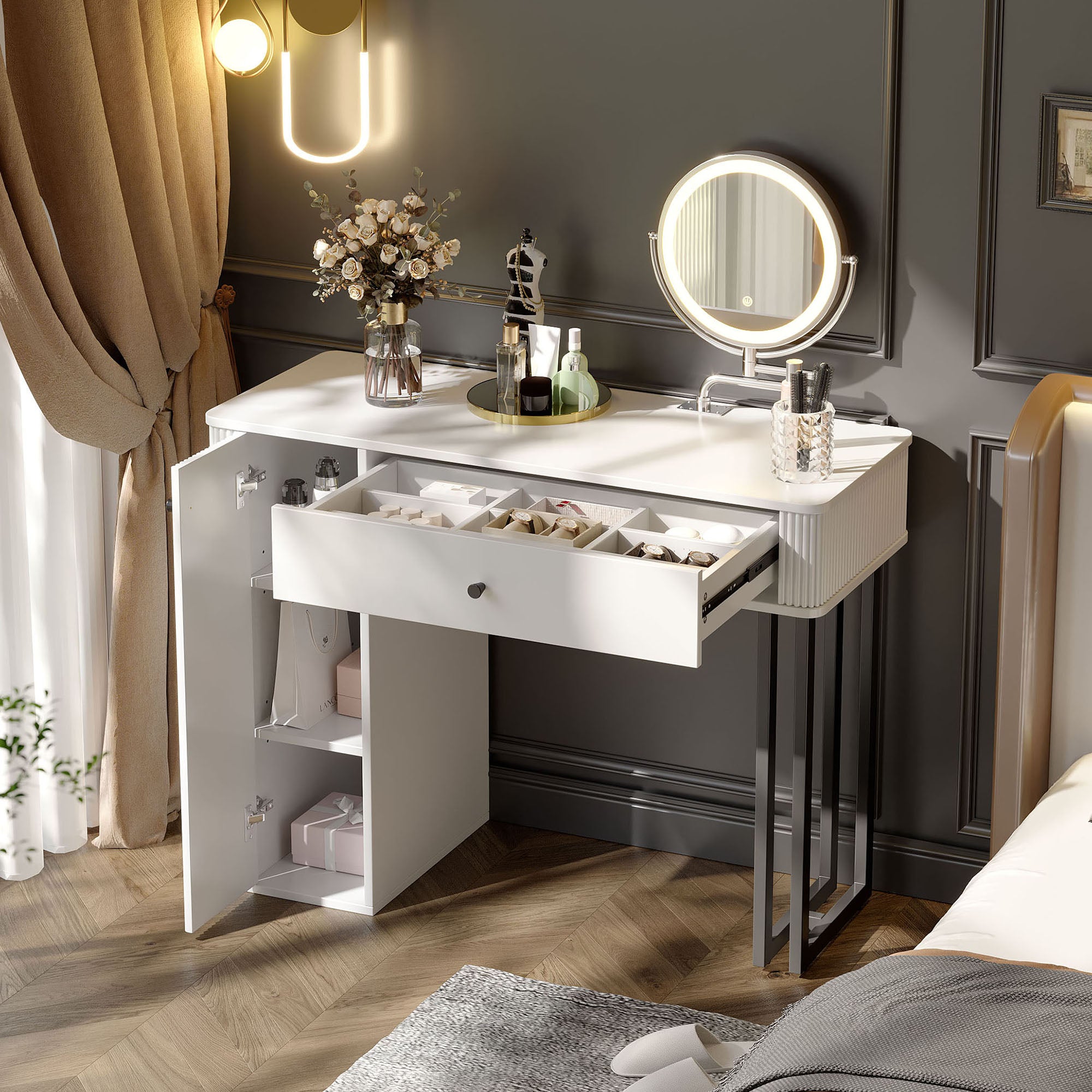Dressing Table with LED Mirror, 1 Drawer, 1 Door, 3-Color Lighting, White