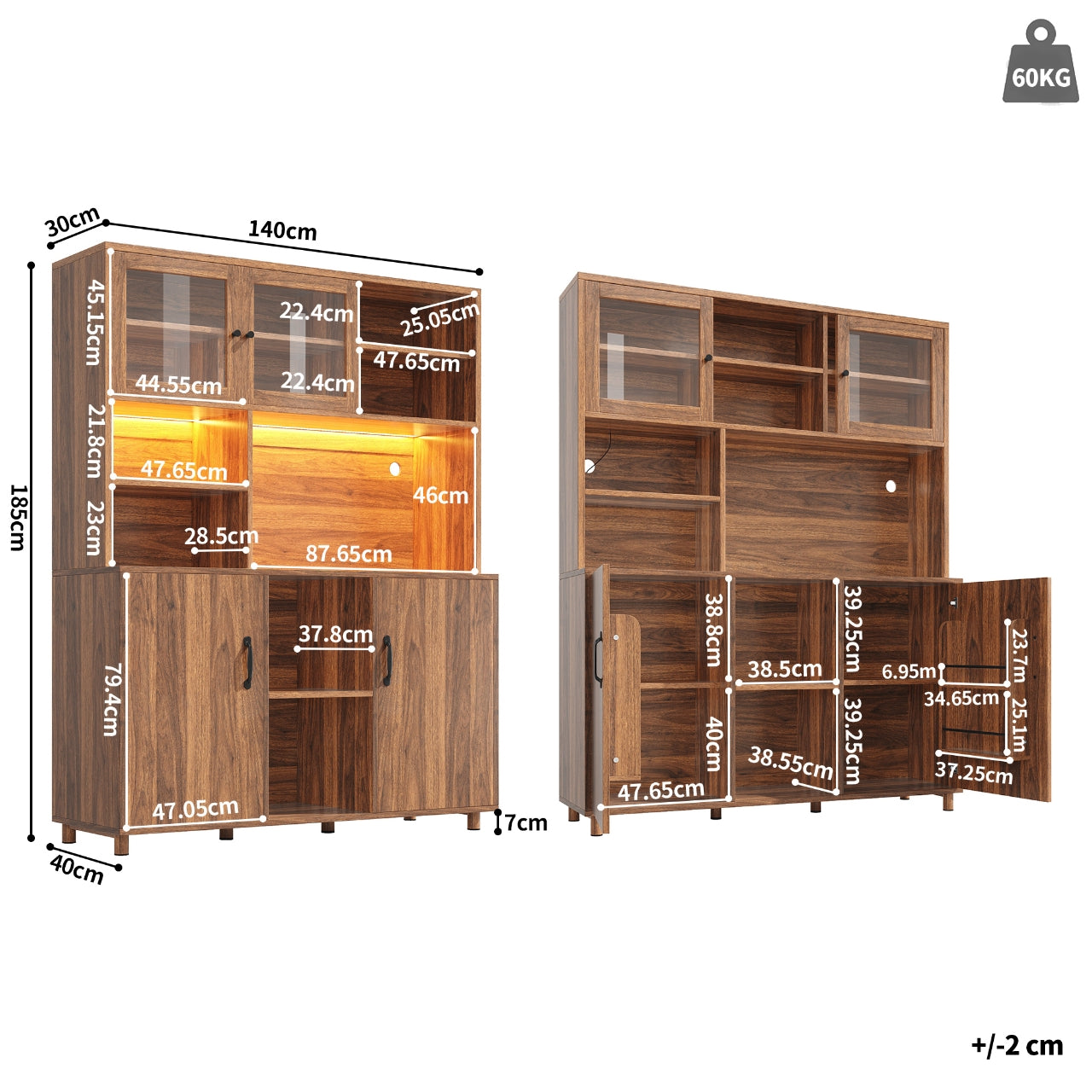 Tall Cabinet with LED Lighting, Snack Shelf, Retro - Walnut