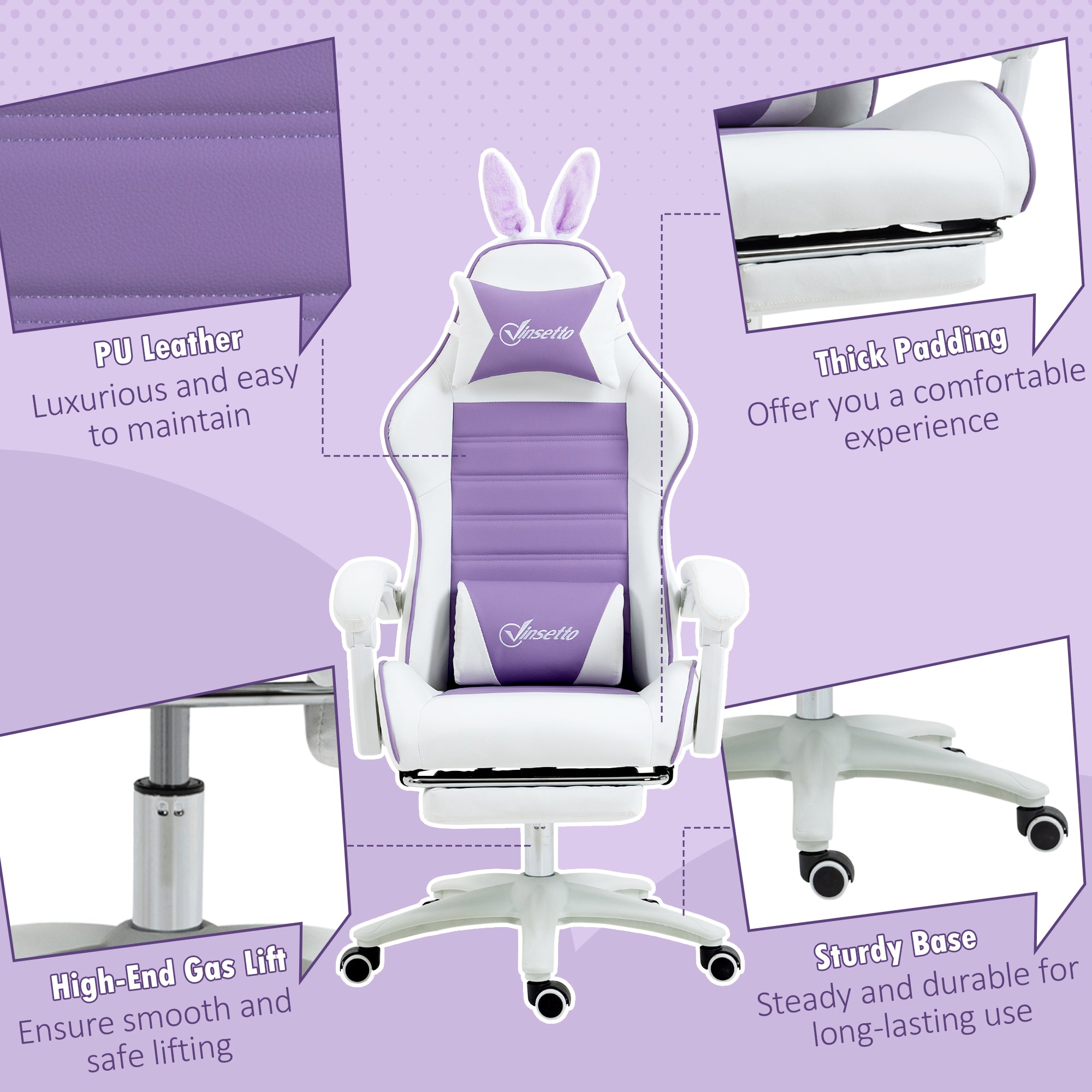 Racing Gaming Chair, Reclining with Removable Rabbit Ears, Footrest, and Headrest, PU Leather, Purple