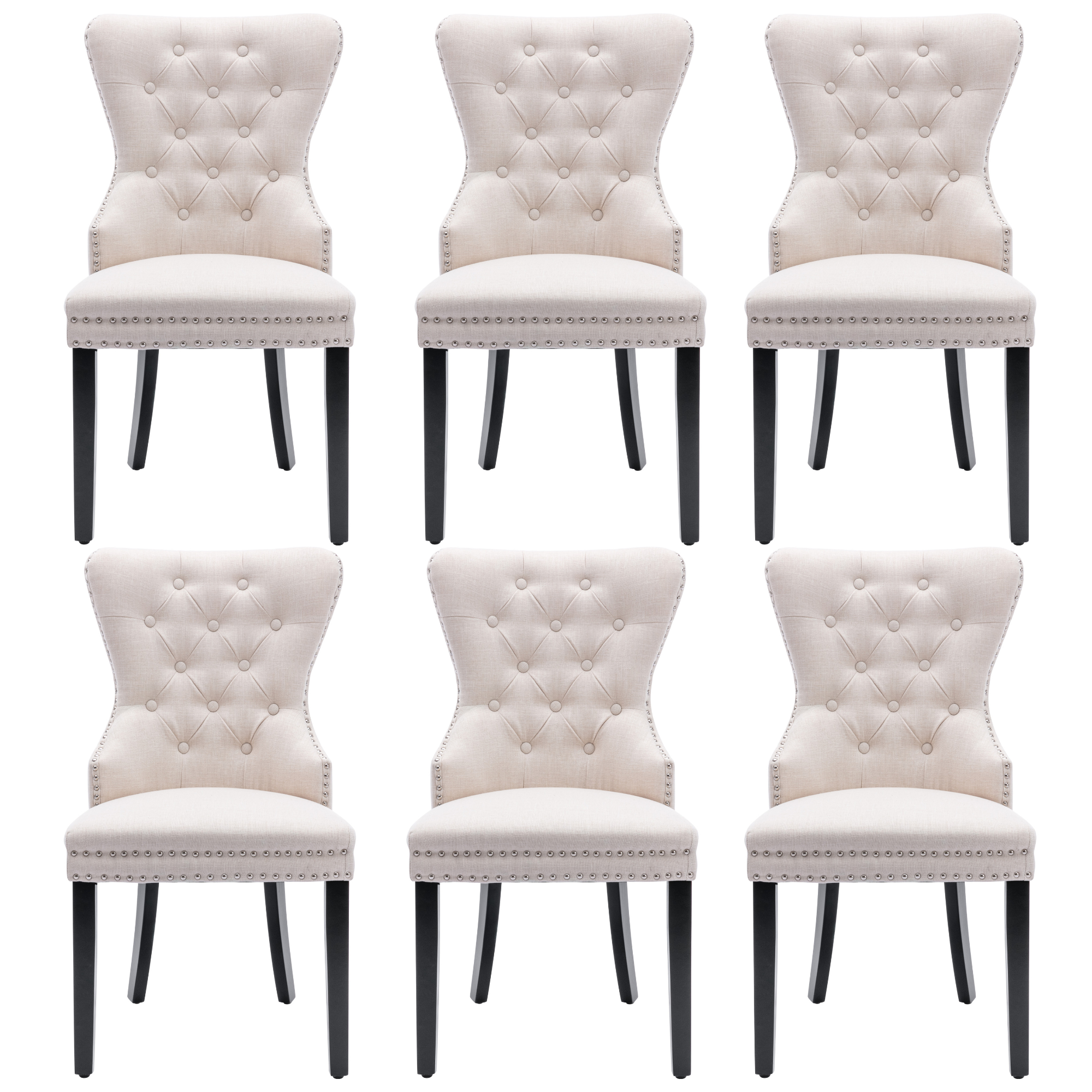 Linen Dining Chair with Oak Legs, Chrome Knocker and Nailhead Trim, Beige (6 Pieces)