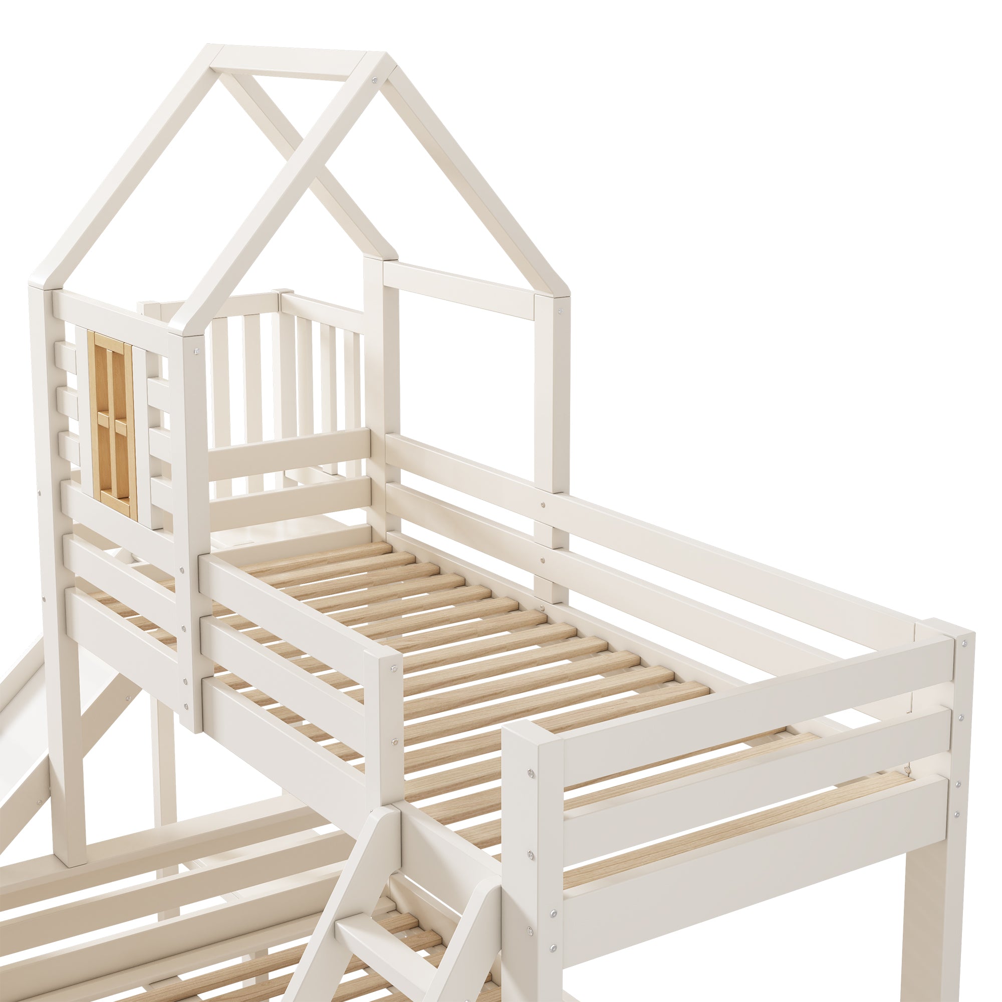 Bunk Bed, 90x200 & 140x200cm, House Loft with Drawer & Slide, Log Cabin Design