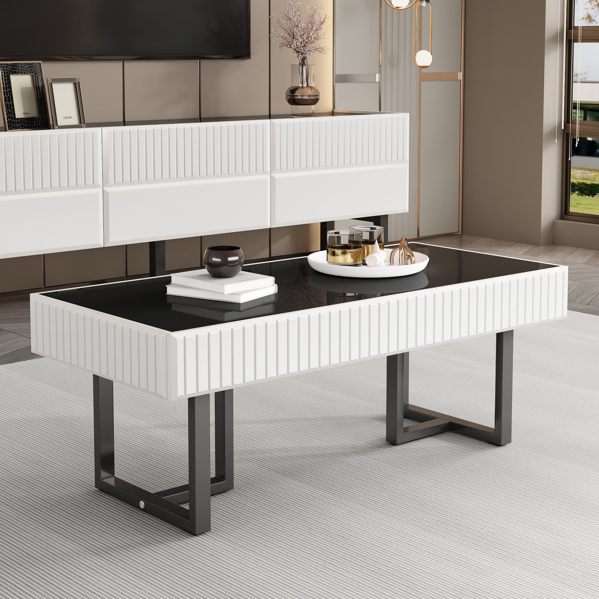 Modern Minimalist Coffee Table & TV Stand Storage Set, Black and White Stripes