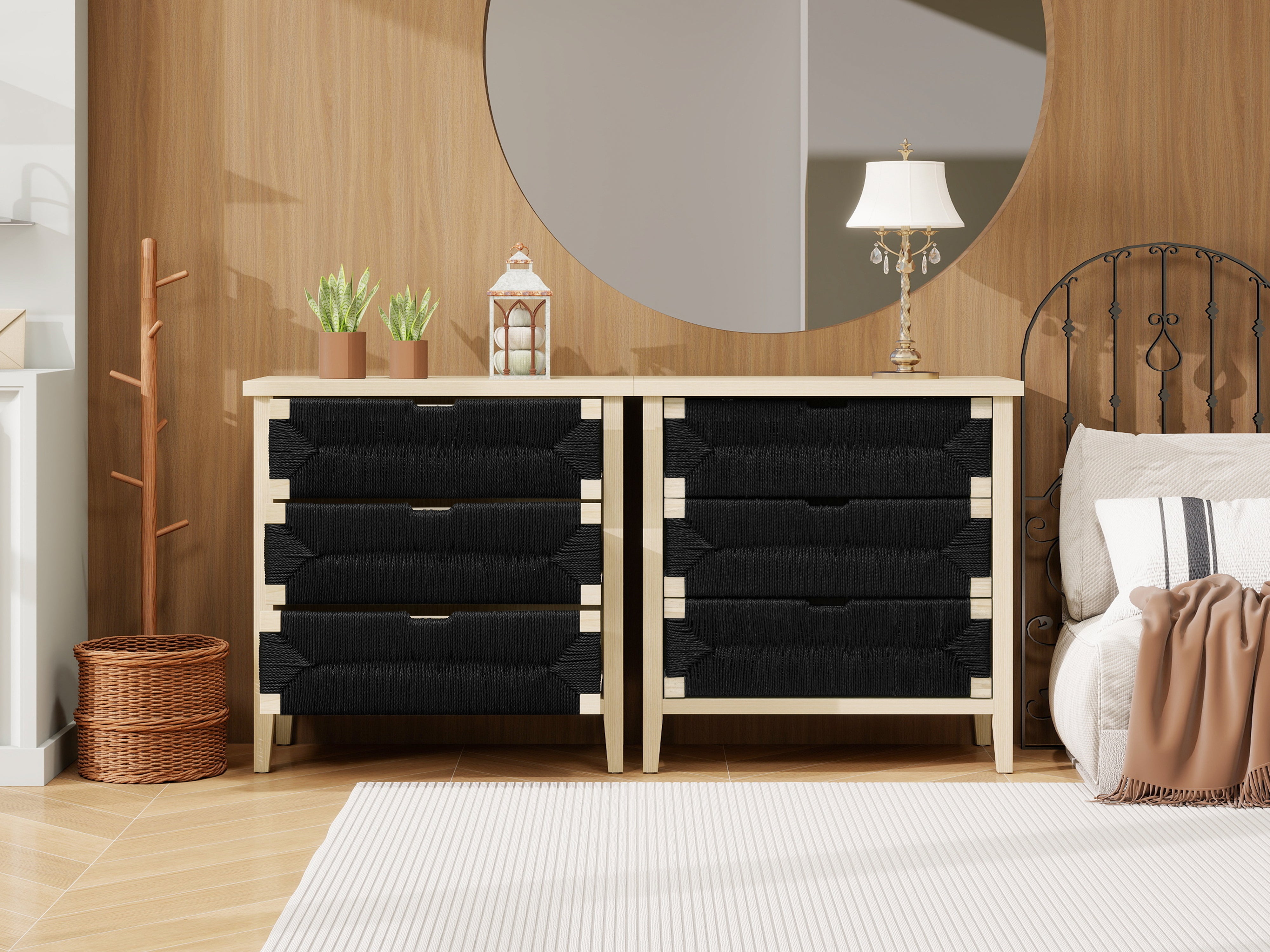 Chest of Drawers 3-Drawer Boho Rope Design 80cm - Natural Wood/Black