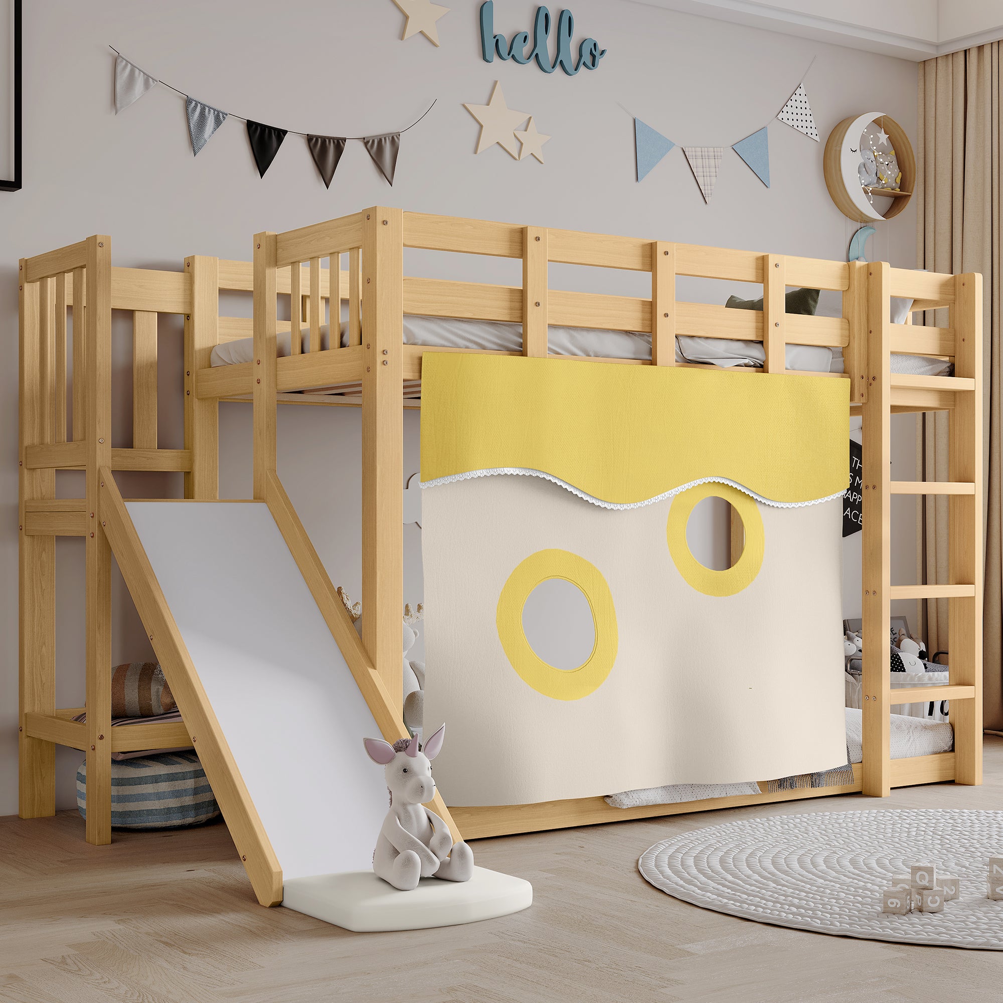 Bunk Bed 90x200cm with Slide, Stairs, Bed Curtain & Railing - Natural MDF/Pine