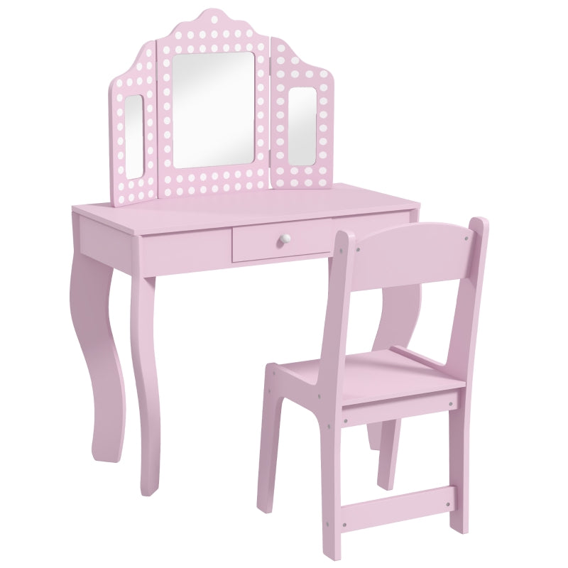 Kids Dressing Table Set, Stool Tri-Fold Mirror Drawer, Pink