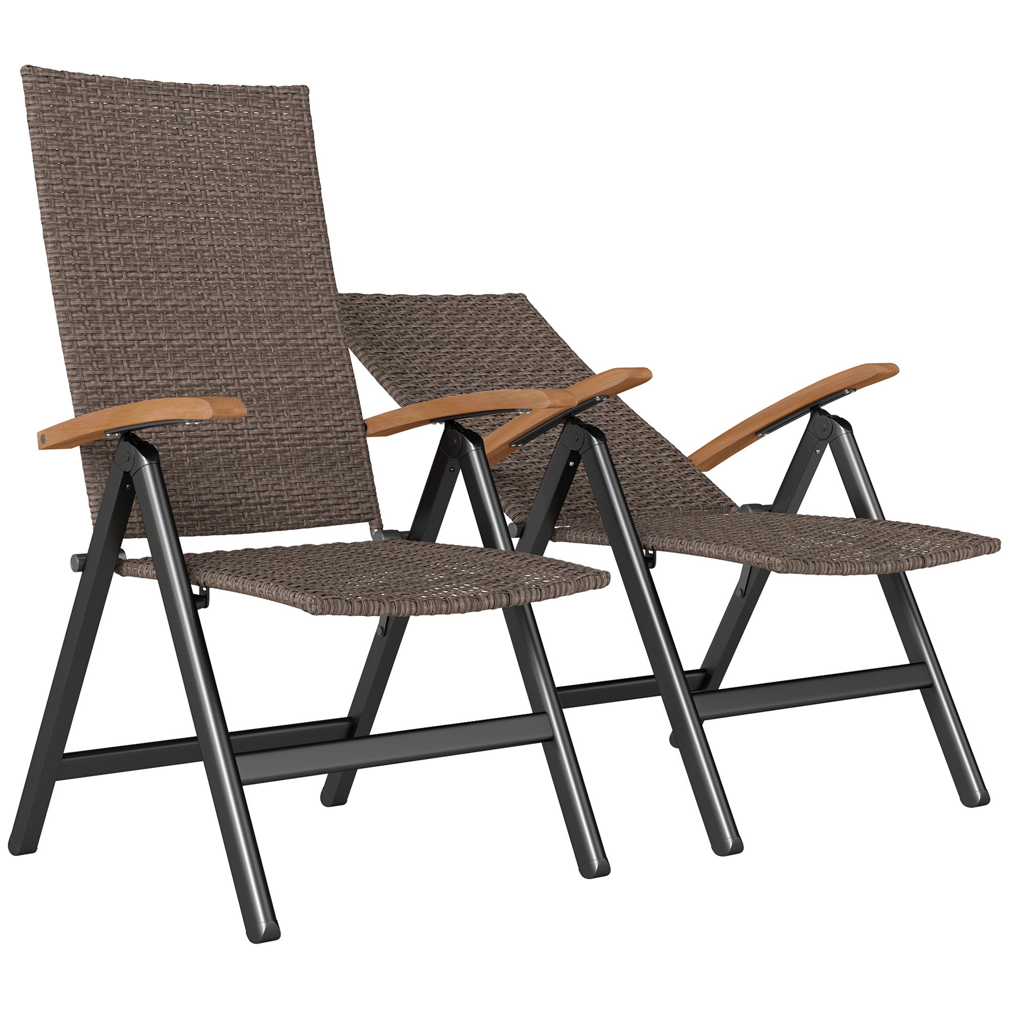 2 Pieces Folding Rattan Garden Dining Chairs 5-Level Reclining High Back Wood Armrests Brown