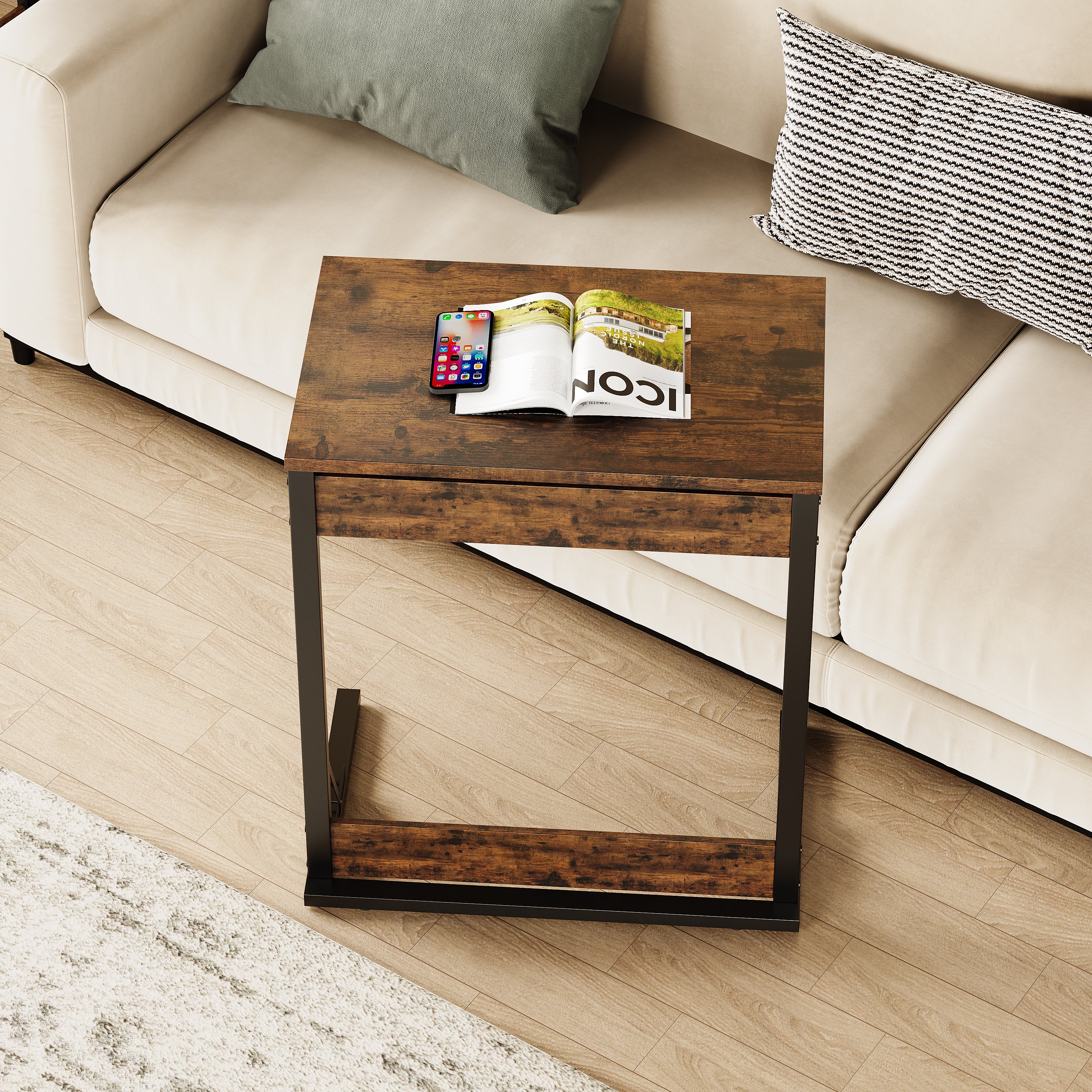 C-shaped Side Table Foldable Metal Frame Adjustable Feet TV Tray - Brown