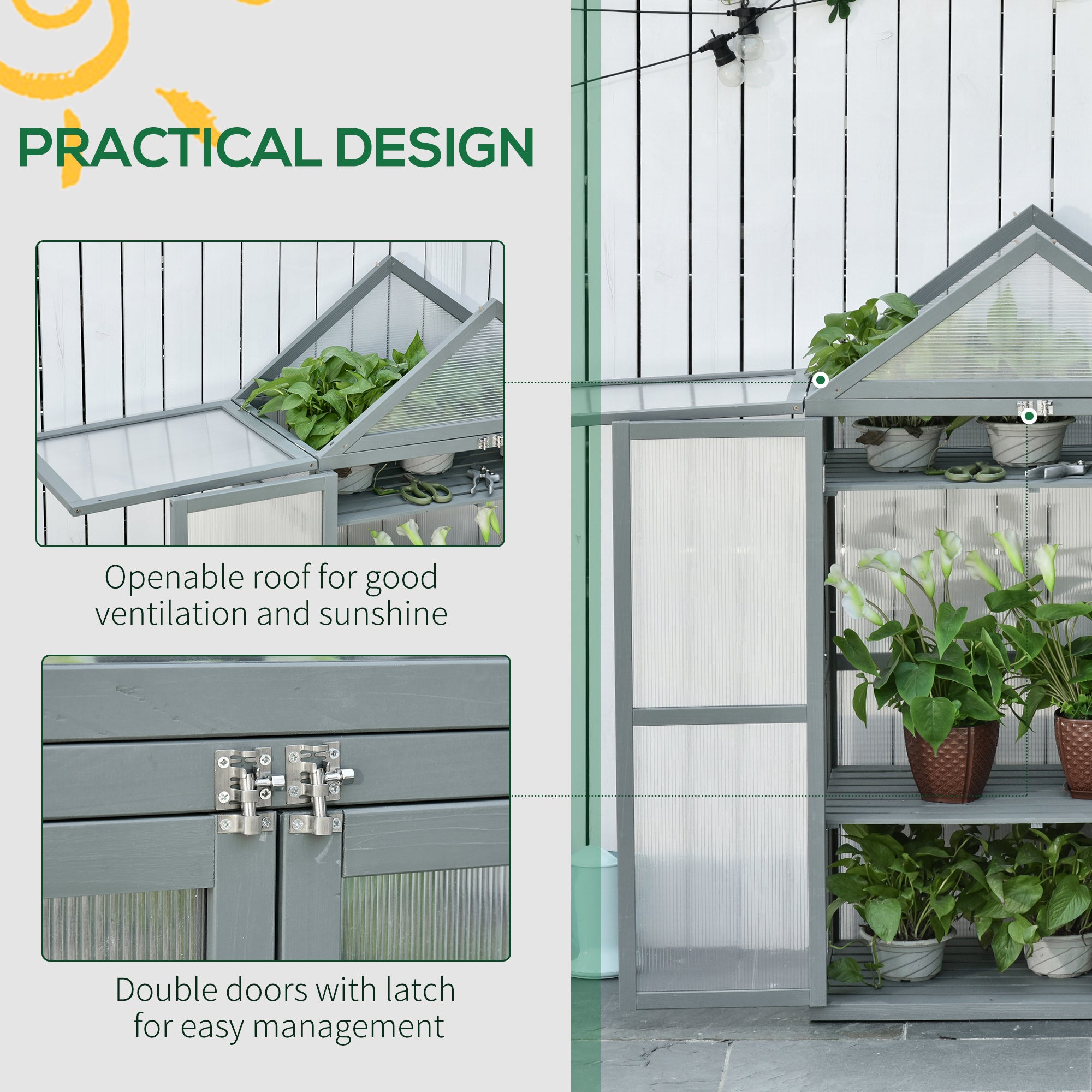 Garden Cold Frame Polycarbonate Greenhouse with Adjustable Shelves, Double Doors, Openable Top, Grey