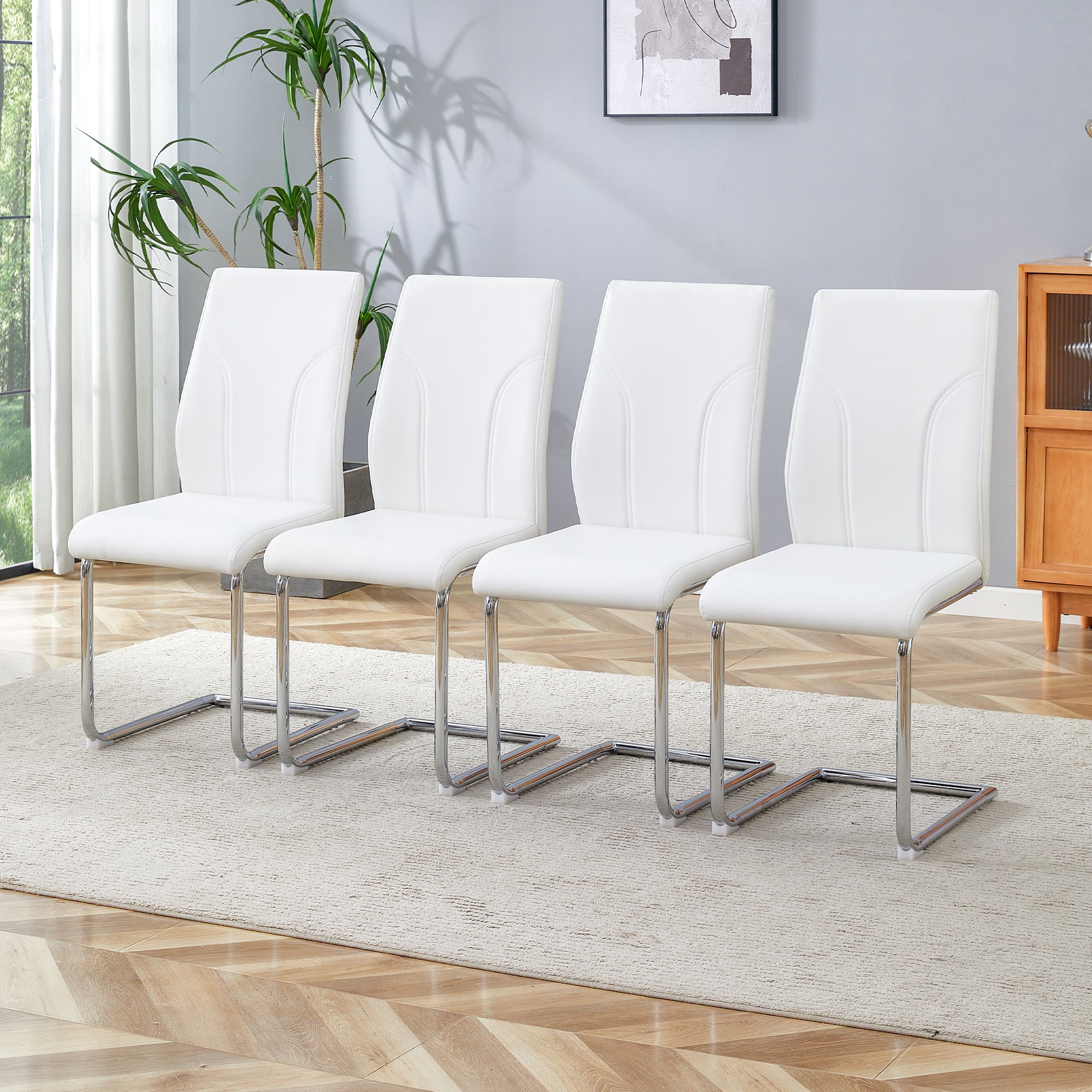 Chairs, Set of 2 with Silver Metal Legs, White PU Material