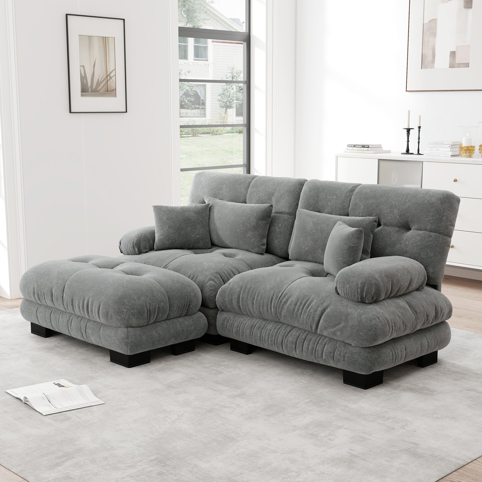 Cloud Corner Sofa, Double with Lumbar & Decorative Pillows, Wide Armrests & Ottoman, Chenille Grey
