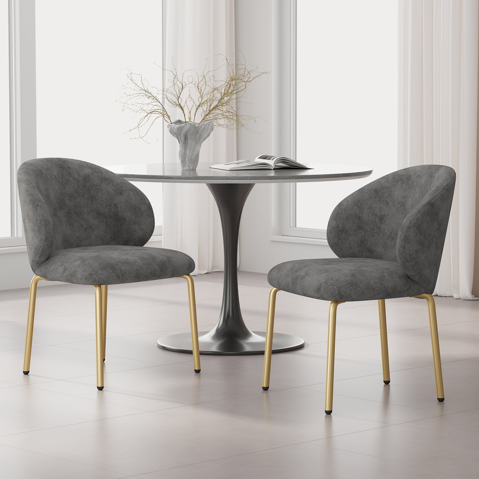 Dining Chairs and Lounge Chairs with Gold Legs, Set of 2, Grey Chenille