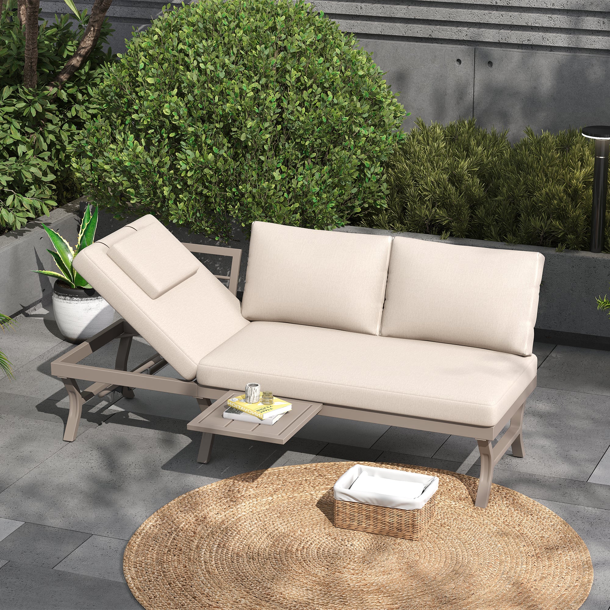 3-Seater Outdoor Sofa Garden Furniture Set with Adjustable Reclining Function and Table, Galvanized Steel, Beige