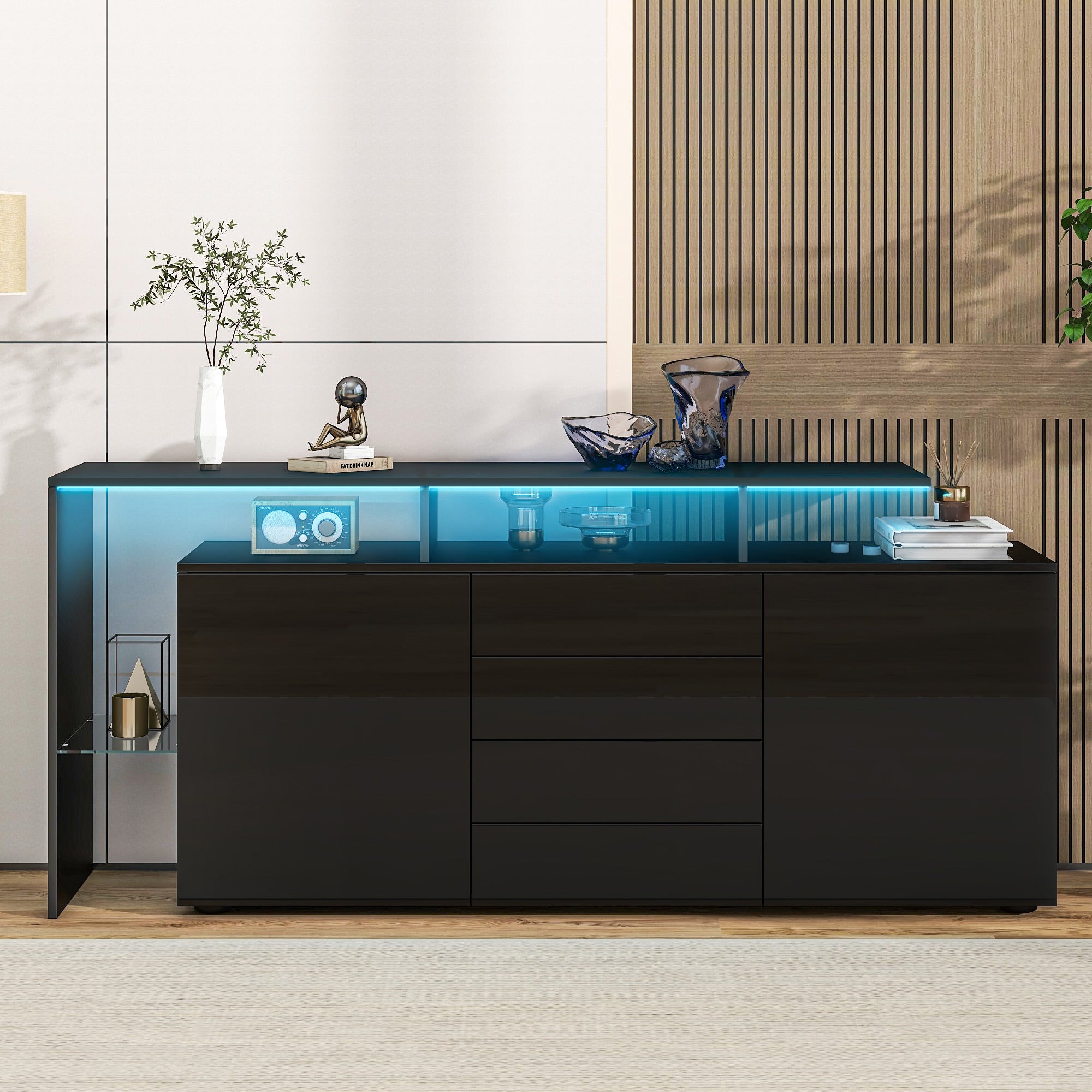 Highboard Sideboard with LED Lighting High-Gloss - Black