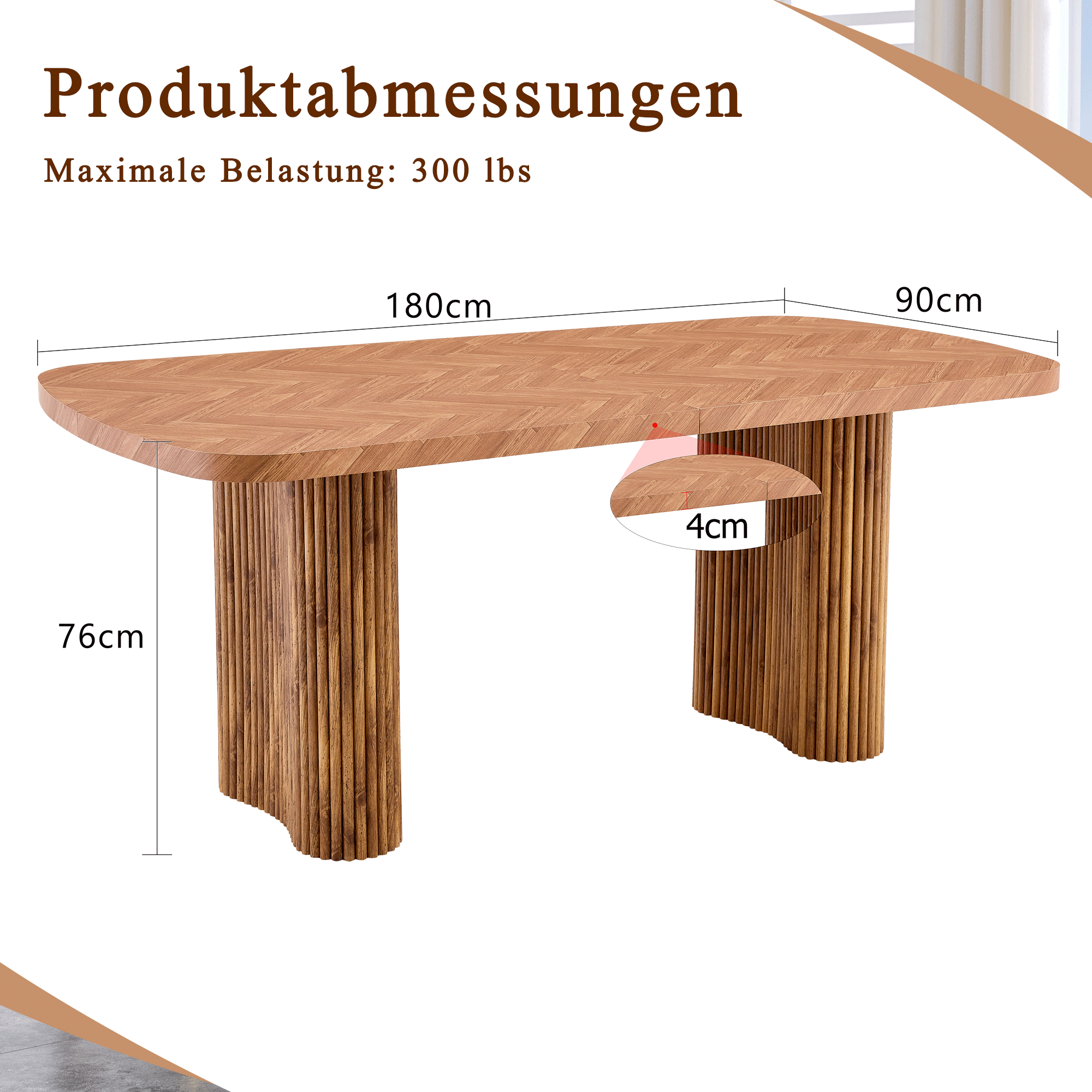 Dining Table Arched Pedestal Support 180x90cm, Walnut Wood-Toned