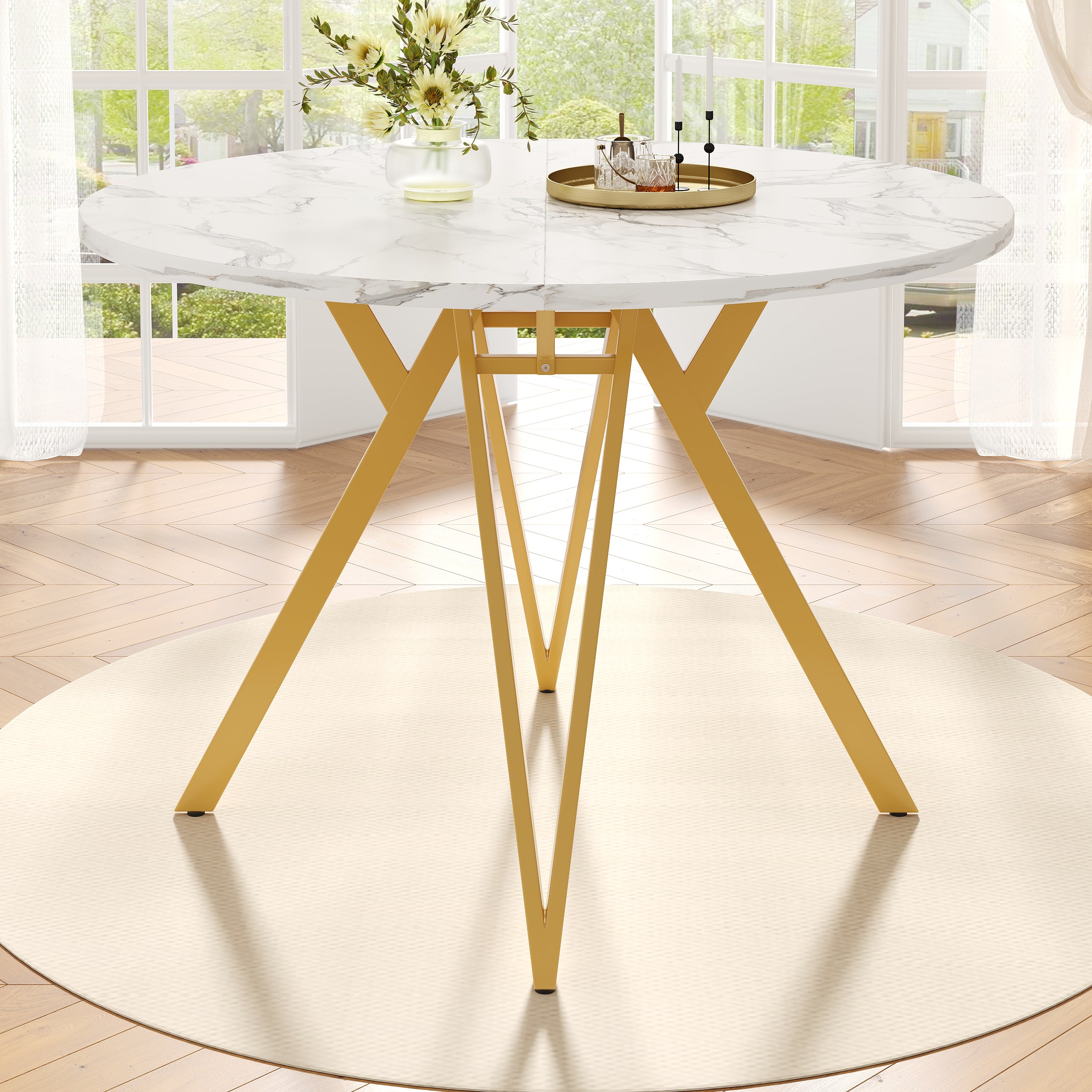 Dining Table Set, 5-Piece Round with Gold Metal Legs, Grey