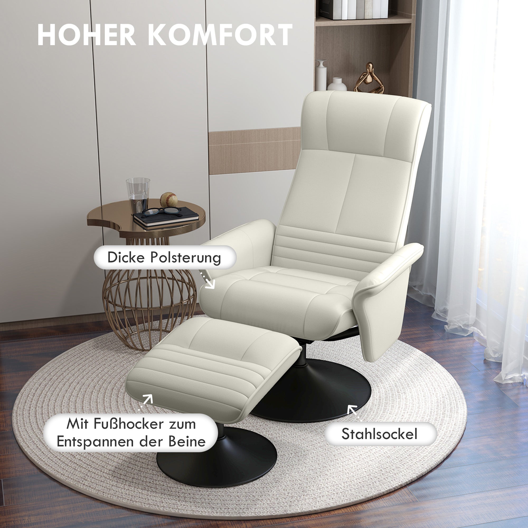 Reclining Armchair with Footstool, Swivel Lounge TV Chair, 150kg Capacity, Microfiber Fabric, Cream White