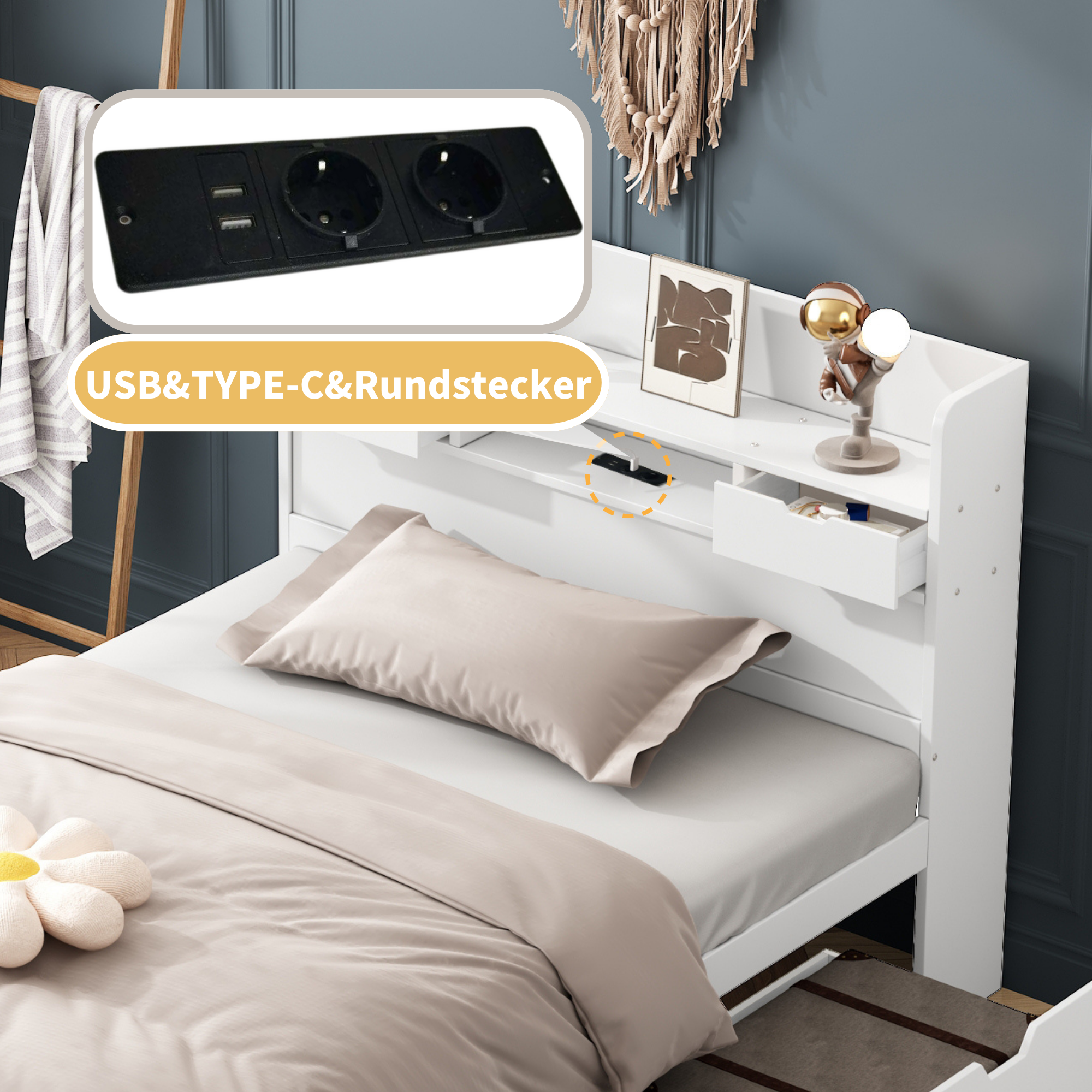 Single Bed with USB Port, Drawers and Storage Cabinet, White