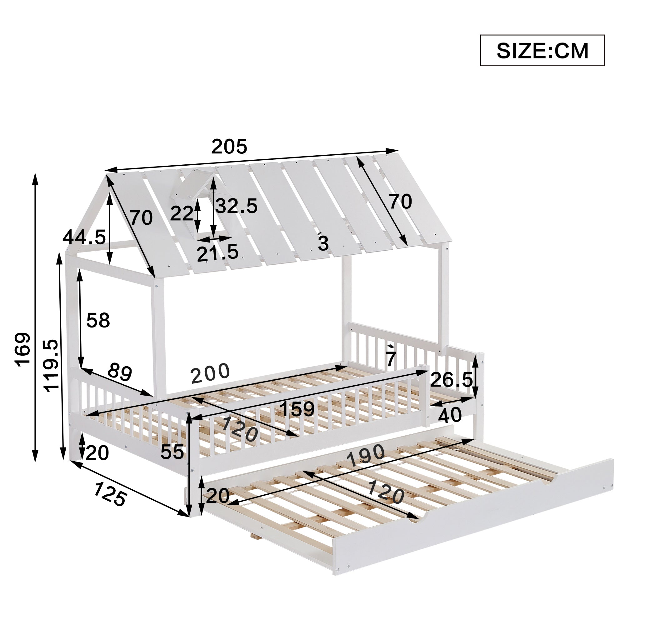 House Bed, Trundle Bed with Chimney, 3-Sided Rail, Pine+MDF, White