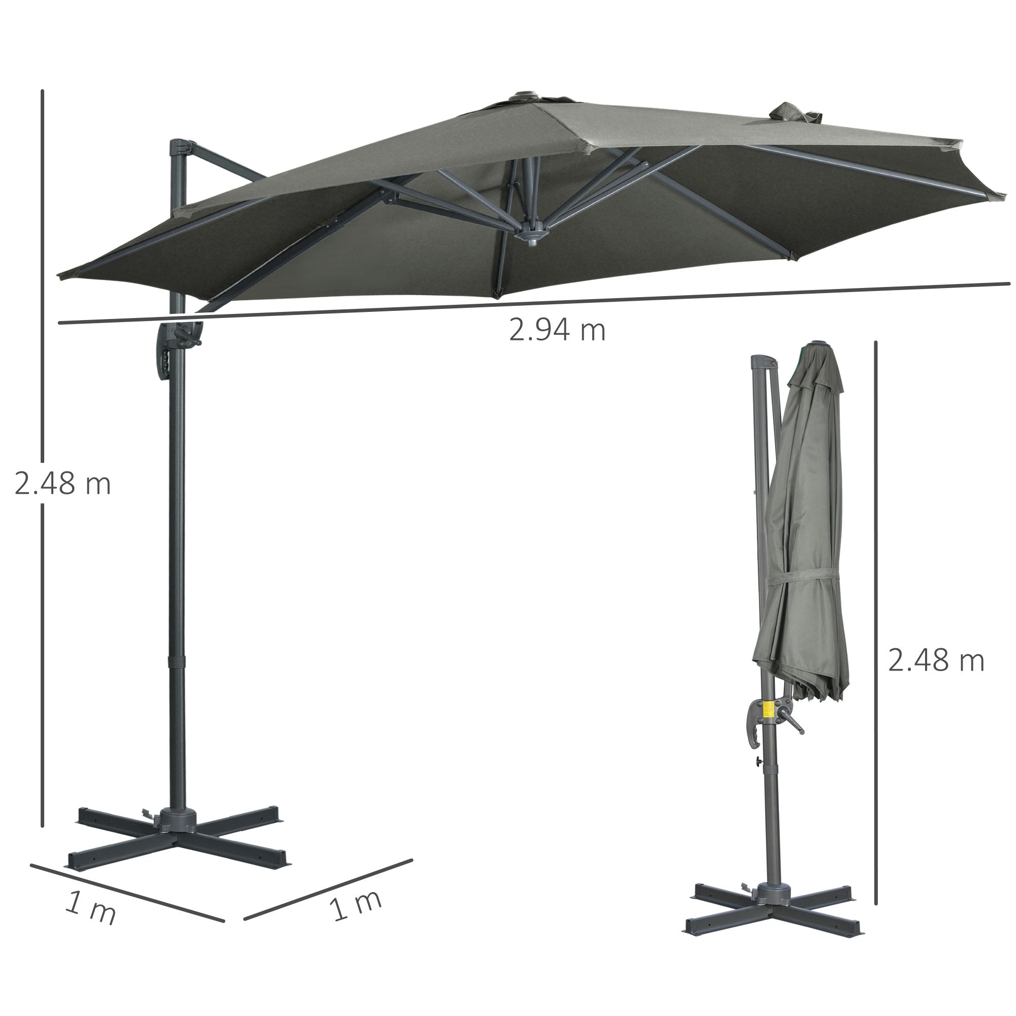 Cantilever Parasol 3m Cross Base 360° Rotation Crank Tilt Grey Aluminium