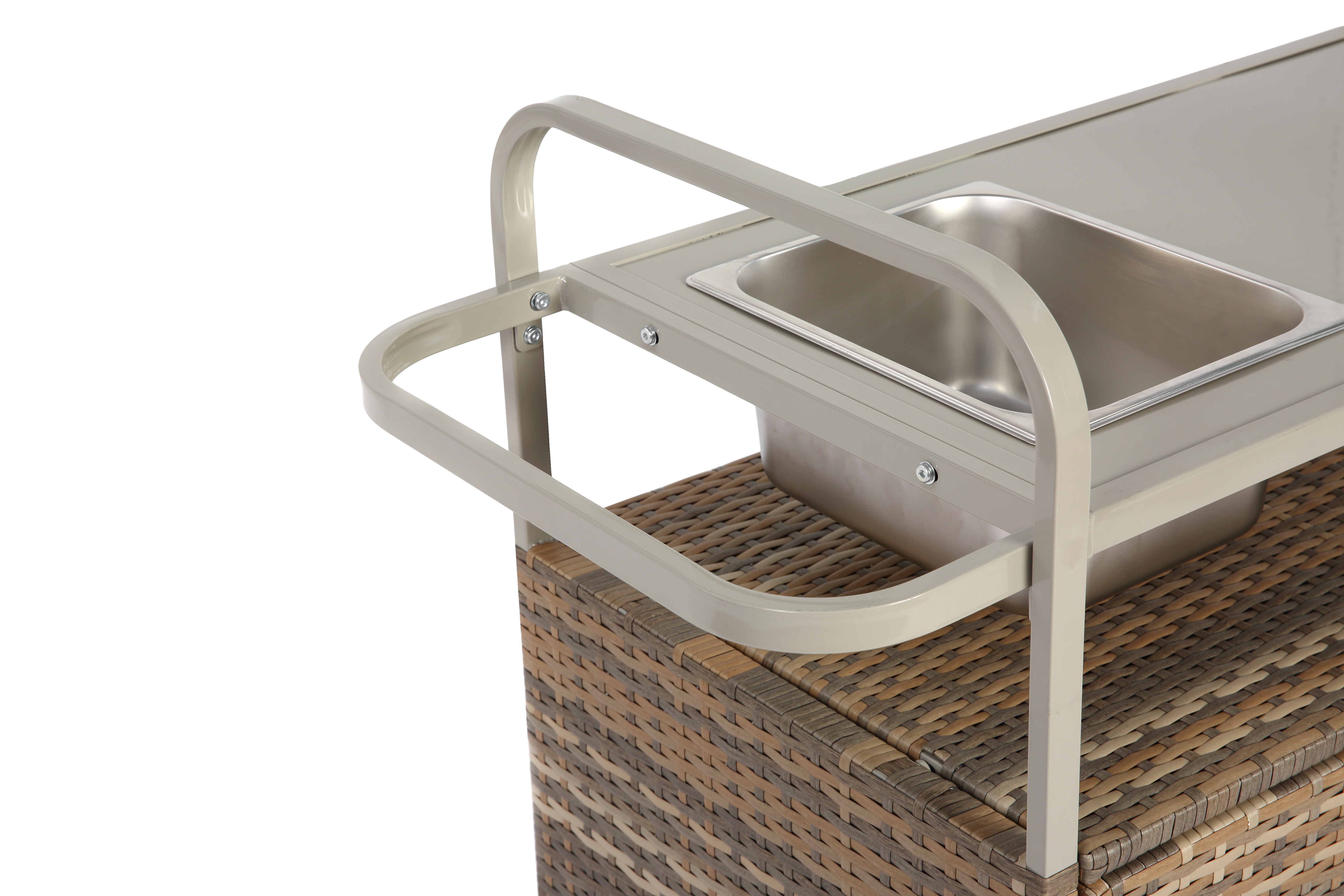 Outdoor Bar Table, Wicker Bar Cart with Cabinet, Steel Top, Ice Bucket, Lockable Wheels, Beige